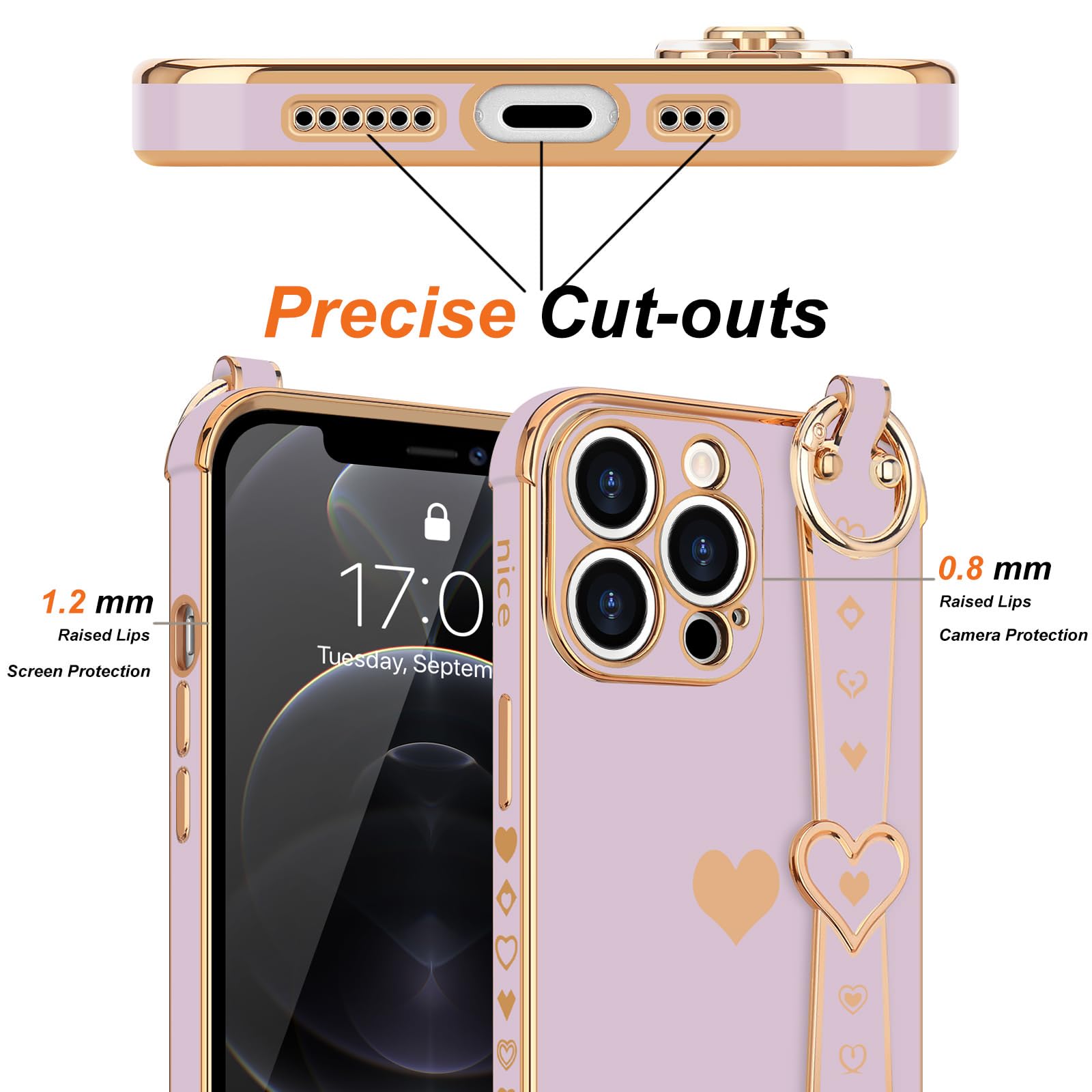 Llz.Coque For Iphone 12 Pro Max Case Cute Love Heart Plating Strap Phone Cover For Women Girls Bling Silicone Camera Lens Protec