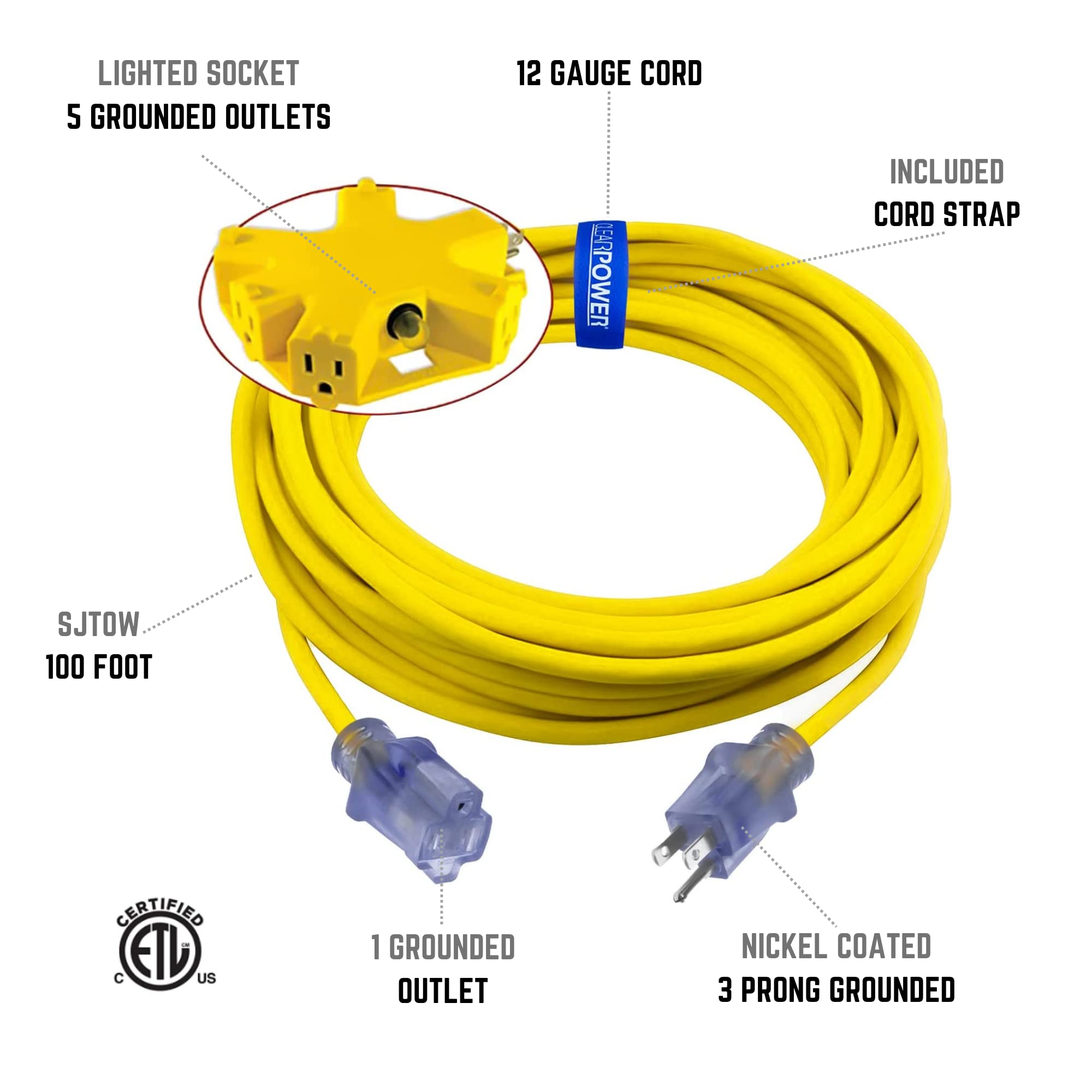 Clear Power 50 Ft 12/3 Sjtw Heavy Duty Outdoor Extension Cord, Power I ...