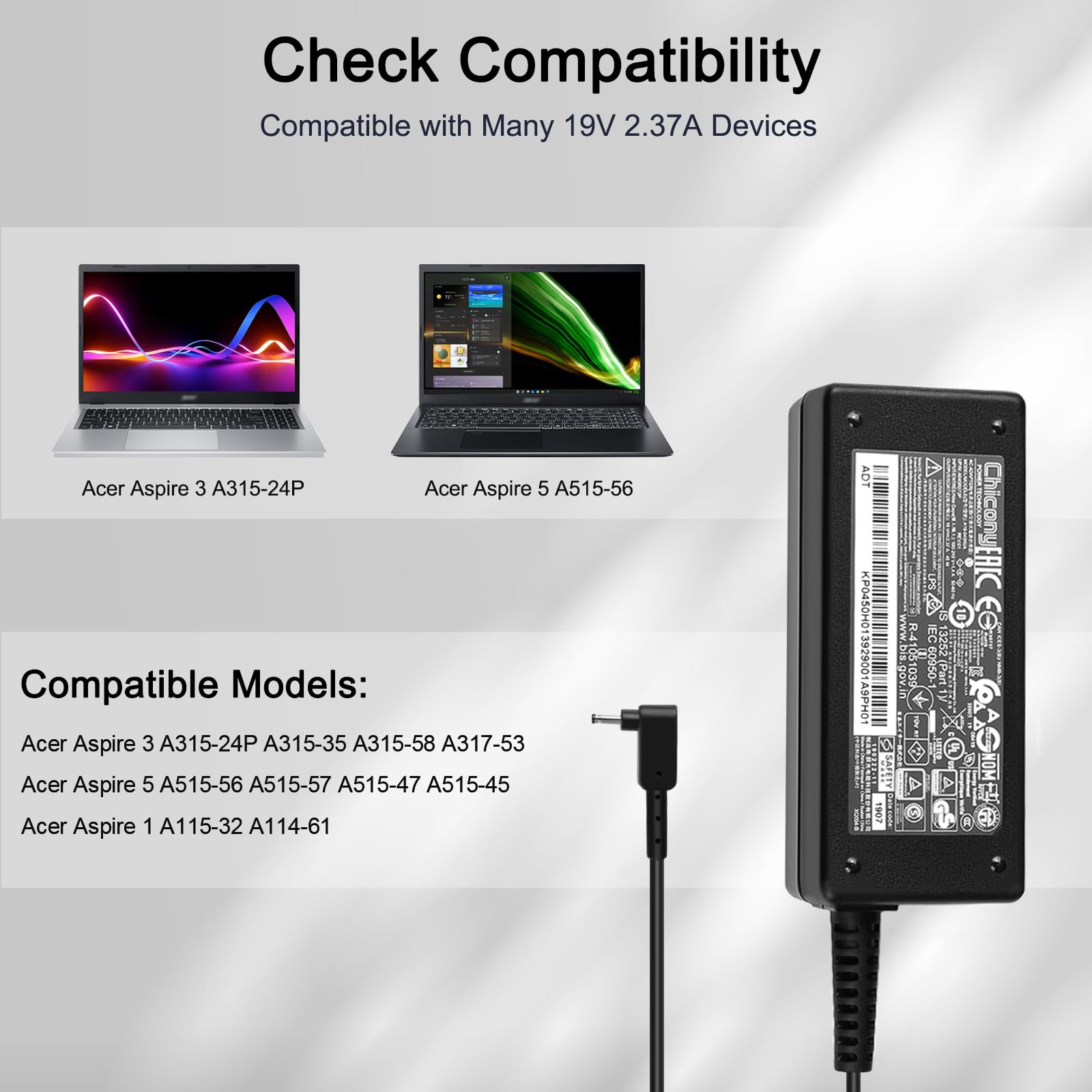 45W Power Supply For Acer Aspire A315 23 A315 24P A315 35 A317 53 A317 54 A317 55P A115 32 A314 22 A314 23P A514 55 A515 45 A517 52 A314 36P Aspire 1 3 5 Series Laptop Charger A18 045N2A