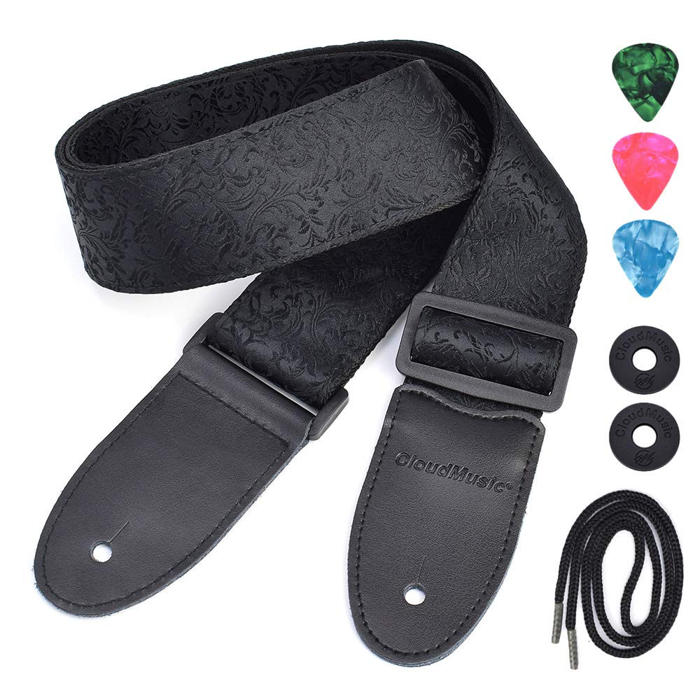Cloudmusic Guitar Strap For Acoustic Electric Embroidered Jacquard Vintage Floral Patterns(Leaves In Black)