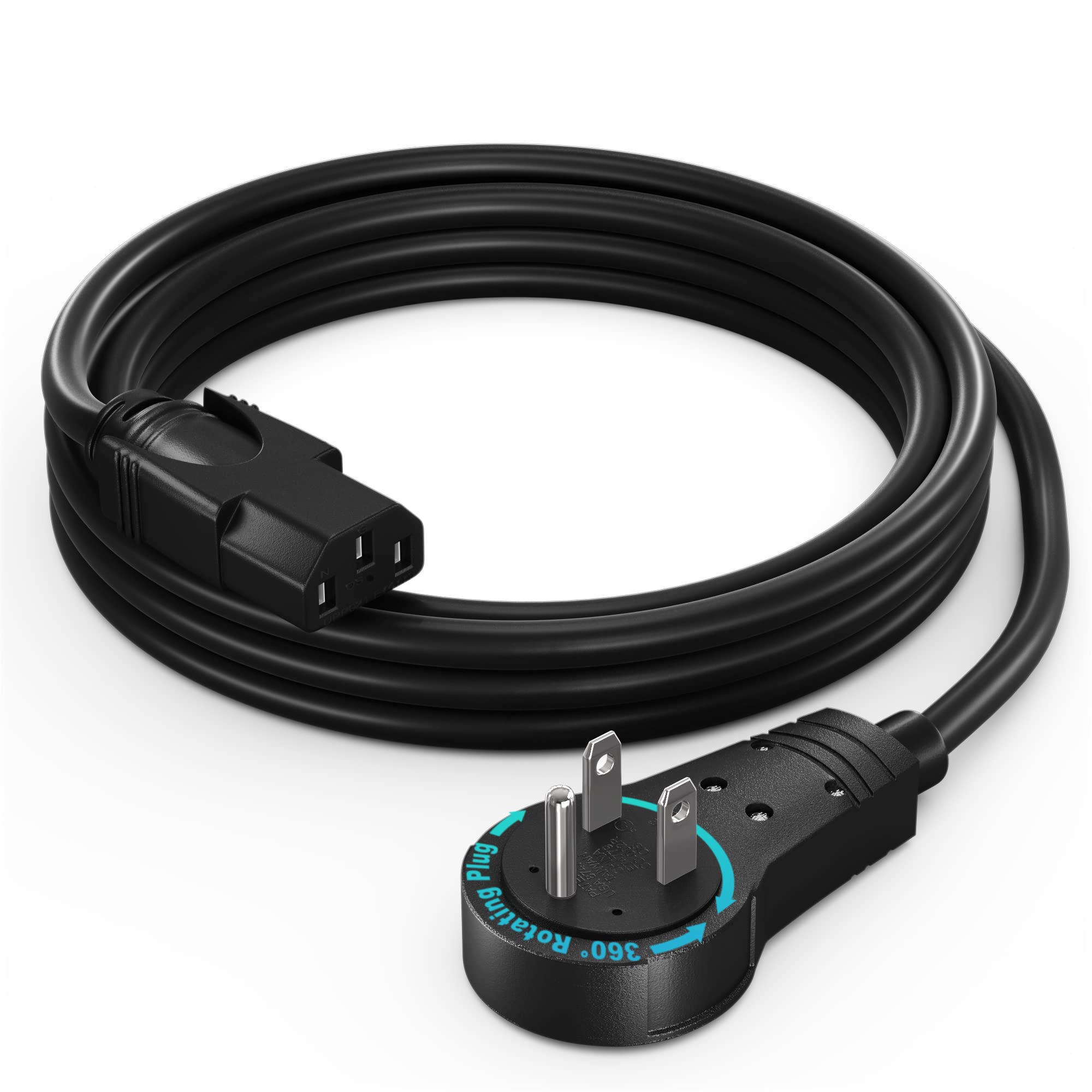 Maximm Monitor Computer Power Cord 5 Ft Flat Plug 360 Rotating Pc Cable 3 Prong For, Desktop, Printer, Scanner, 16 Awg Nema 5 15