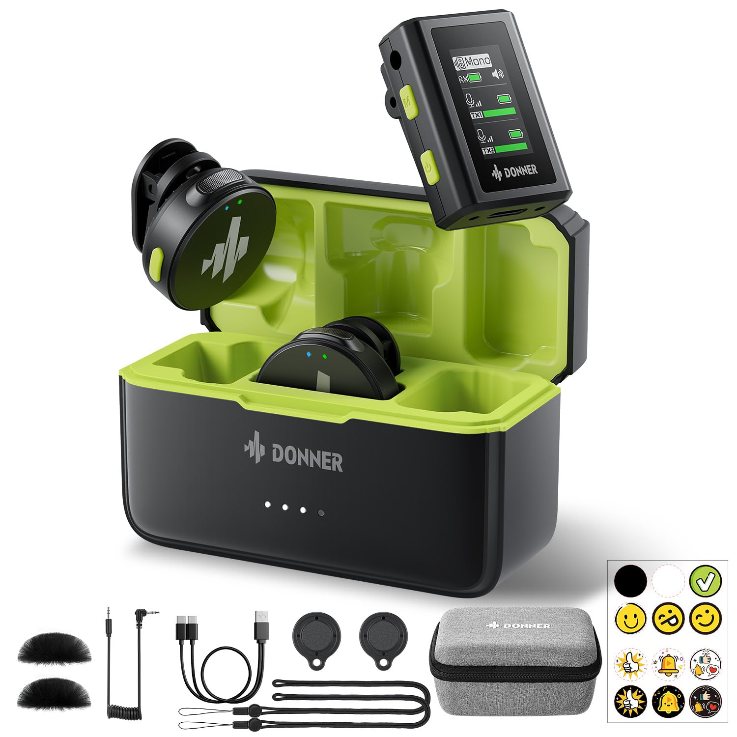 Donner Wireless Lavalier Microphone Vpm 20 Camera Vesion, With Charging Box, Dual Channels Mics, 3.5Mm Trs Jack, Plug Play, 1000