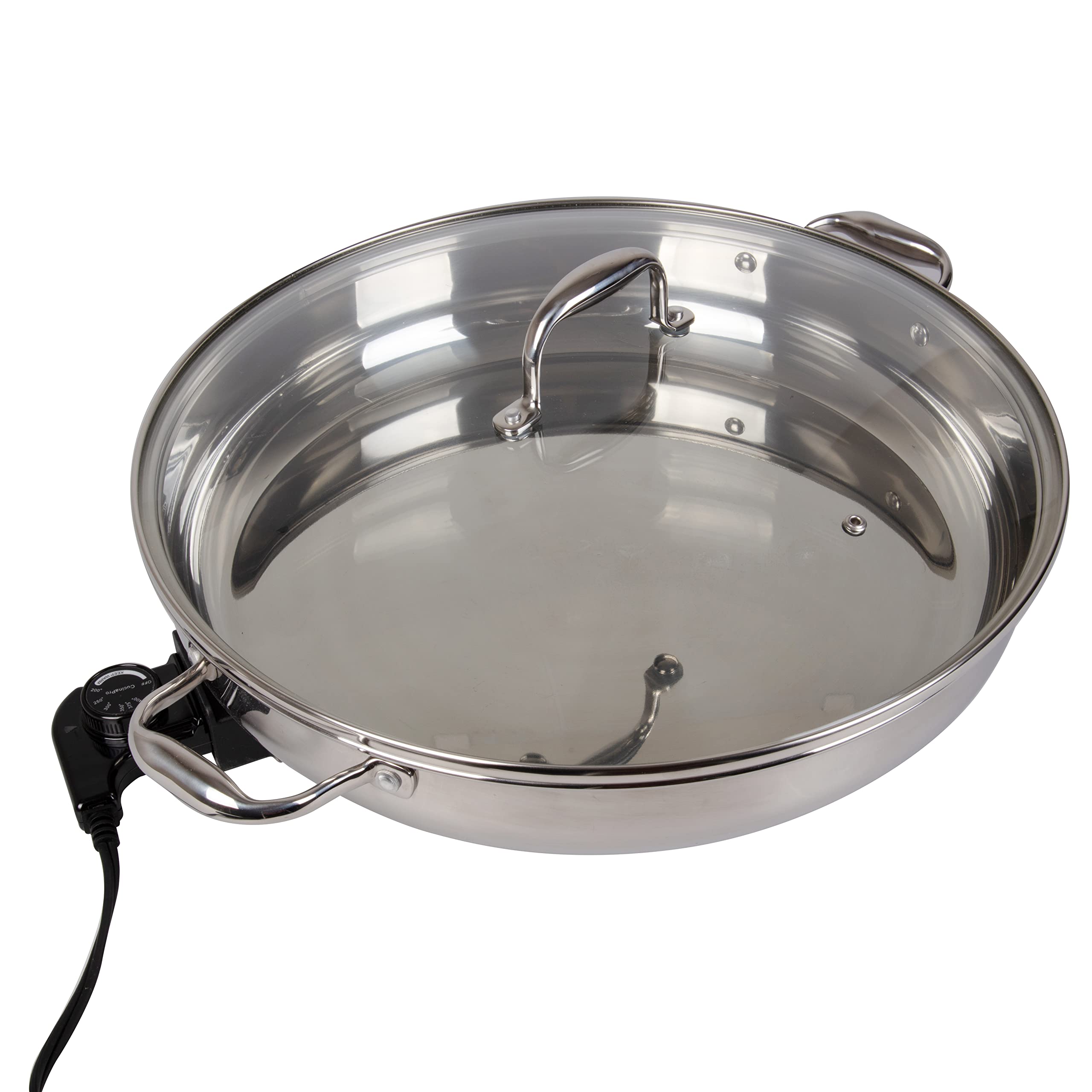 XL Electric 16 Skillet By CucinaPro- 18/10 Stainless Steel Frying Pan with Tempered Glass Lid and Handle, Round with Adjustable
