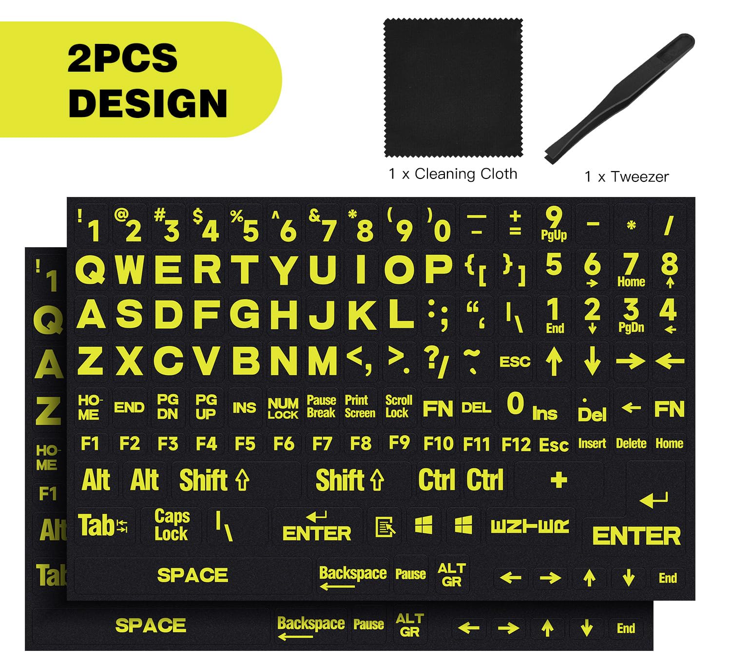 2Pcs English Keyboard Stickers, Universal Computer Laptop Replacement Large Keyboard Stickers Big Bright Yellow Lettering For Si