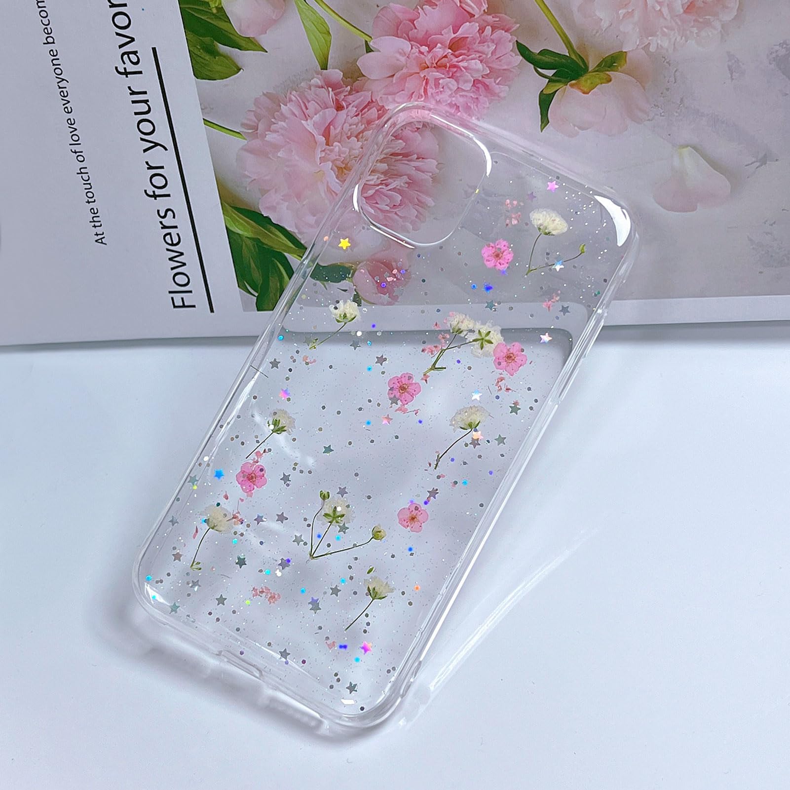 Abbery For Iphone 11 Case Flower, Clear With Design Cute Soft Silicone Flexible Aesthetic Pressed Dried Real Flowers Babysbreath