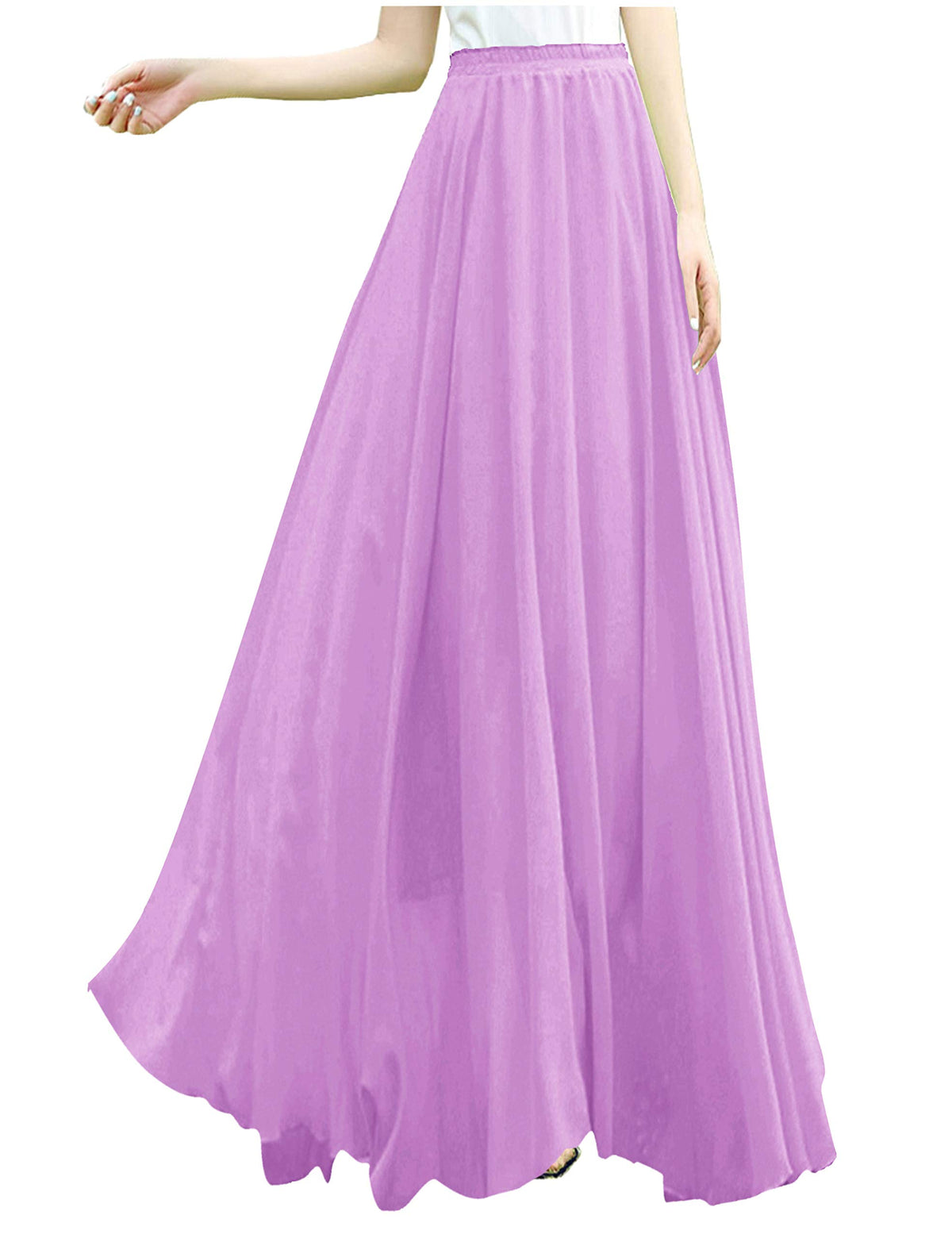 V28 Womens Maxi Midi White Flowy Long Black Summer Plus Size Sheer Chiffon Skirt (L,Lavender)