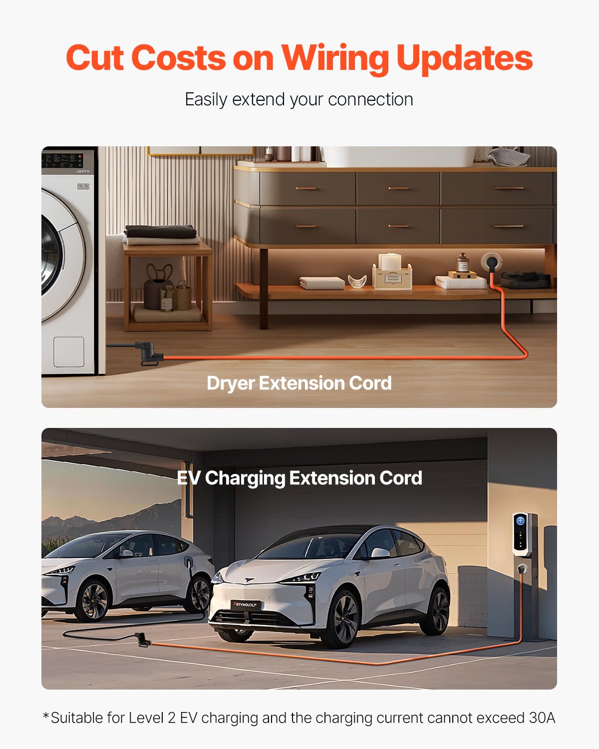 Vevor 25 Ft Dryer Extension Cord, 4-Prong Nema 14-30P To 14-30R Dryer Cord, 125V/250V, Stw 10Awg/4C, 30A, Pure Copper Wire Cable