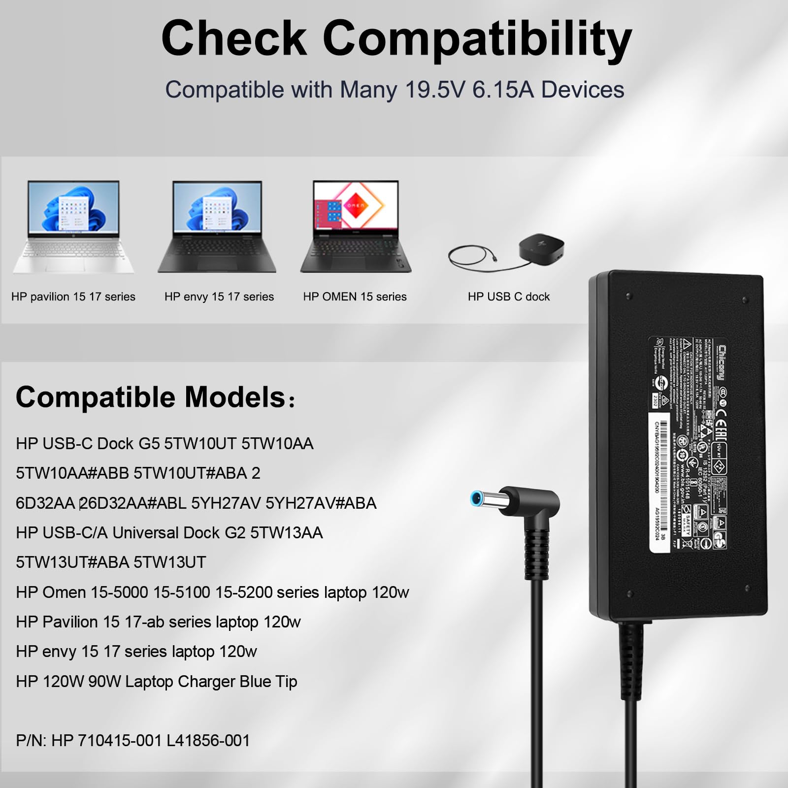 Flgan 120W 6.15A Charger 710415 001 L41856 001 For Hp Usb C Dock G5 5Tw10Ut 5Tw10Aa 5Tw10Aa#Abb 5Tw10Ut#Aba Usb C/A Universal Dock G2 5Tw13Aa Hp Omen 15 5000 15 5100 15 5200 Laptop Charger