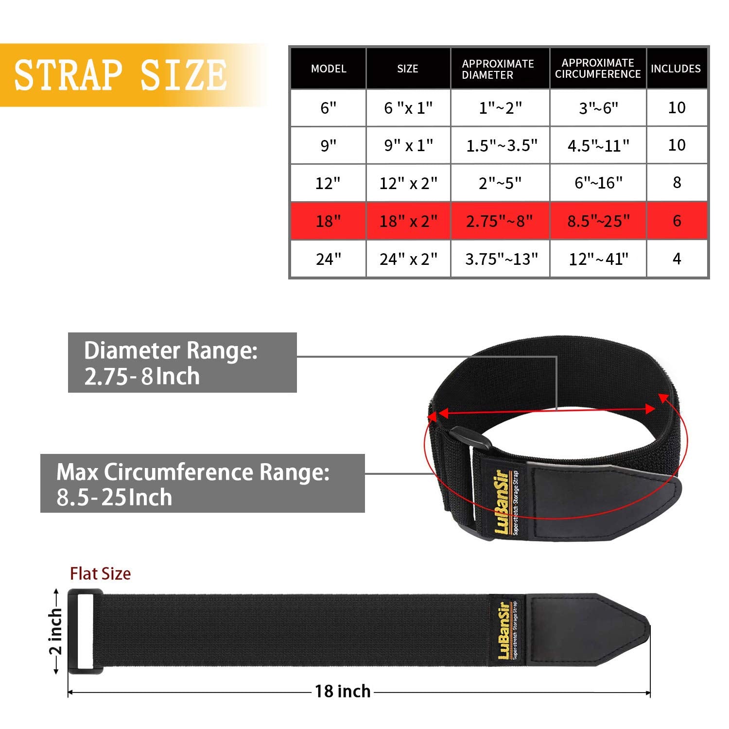 Lubansir Cinch Straps   2'' X 18'' (6 Pack) Elastic Hook And Loop Storage Straps With Buckle For Bicycle, Truck, Boat And More F