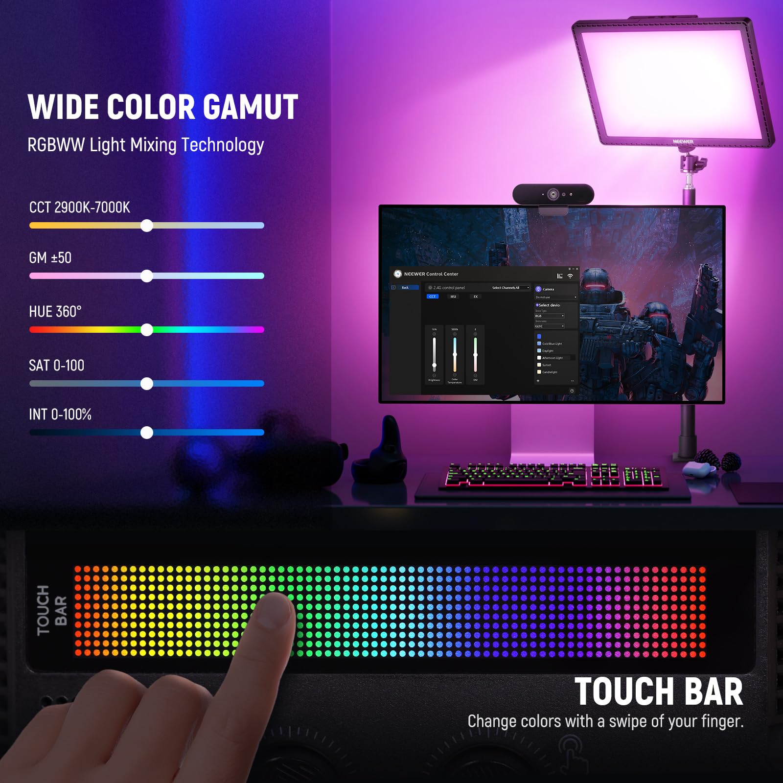 Neewer Gl1C Rgb 15.5'' Key Light, 48W Edge Lit Soft Led Video Panel Streaming Gaming Lighting With 2.4G Pc/Mac Ios/Android App/W