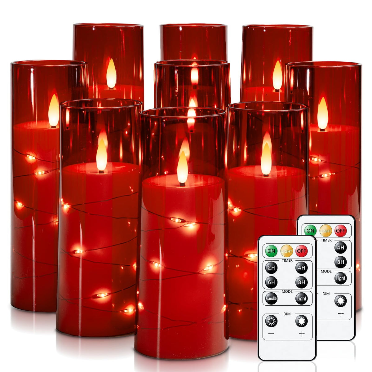 Raycare Flameless Candles With Embedded Star String, 9 Pcs Battery Operated Acrylic Pillar Candles With Timer And Remote, Led Ca