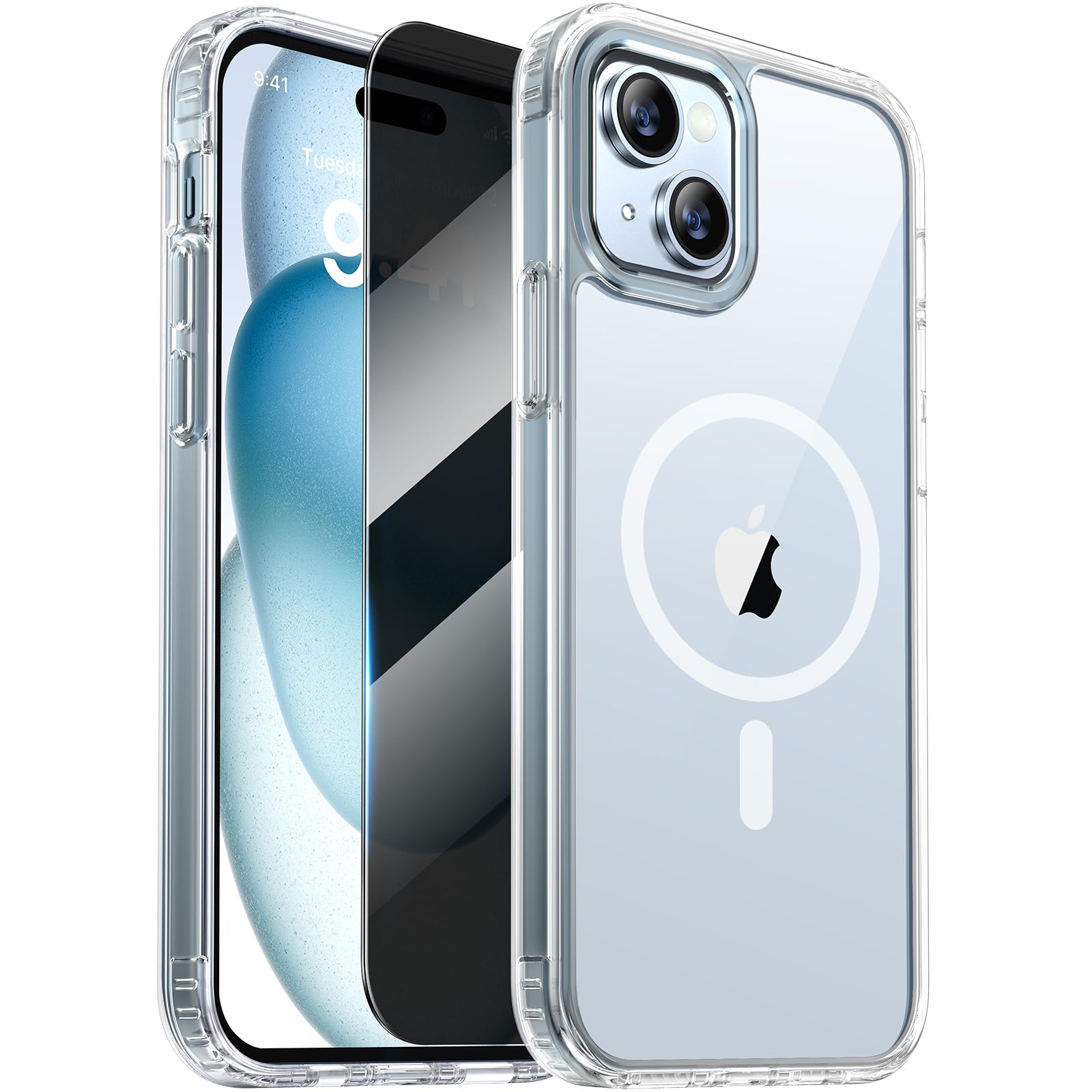 Diaclara Designed For Iphone 15 Case With Magnetic Ring, [With Privacy Screen Protector] [Anti Spy] [Military Grade Drop Protect