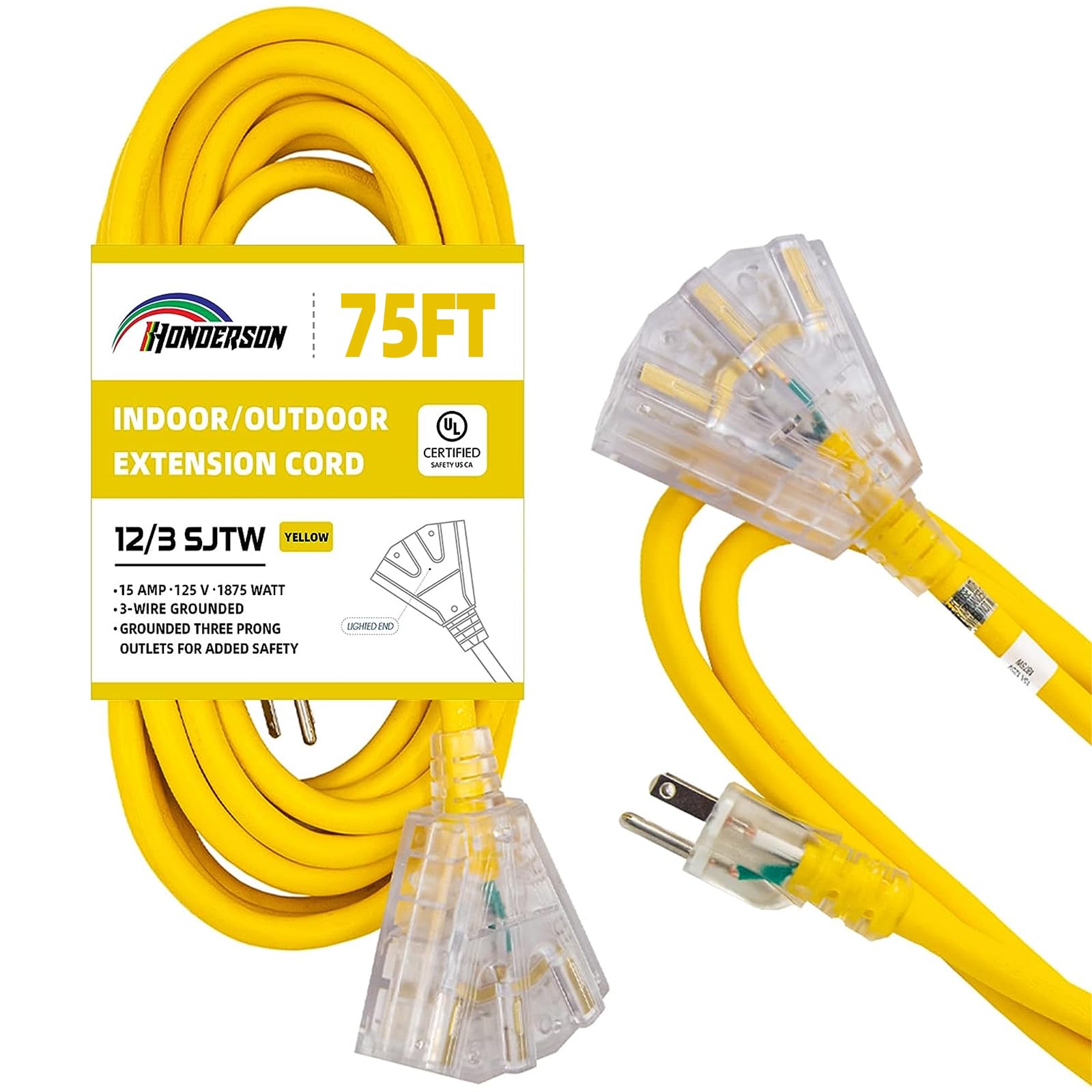 Honderson 3 Outlets Indoor Outdoor Extension Cord Weatherproof With Lighted End, Ul Listed, 12 Gauge 75Ft Yellow 3 Prong Heavy D