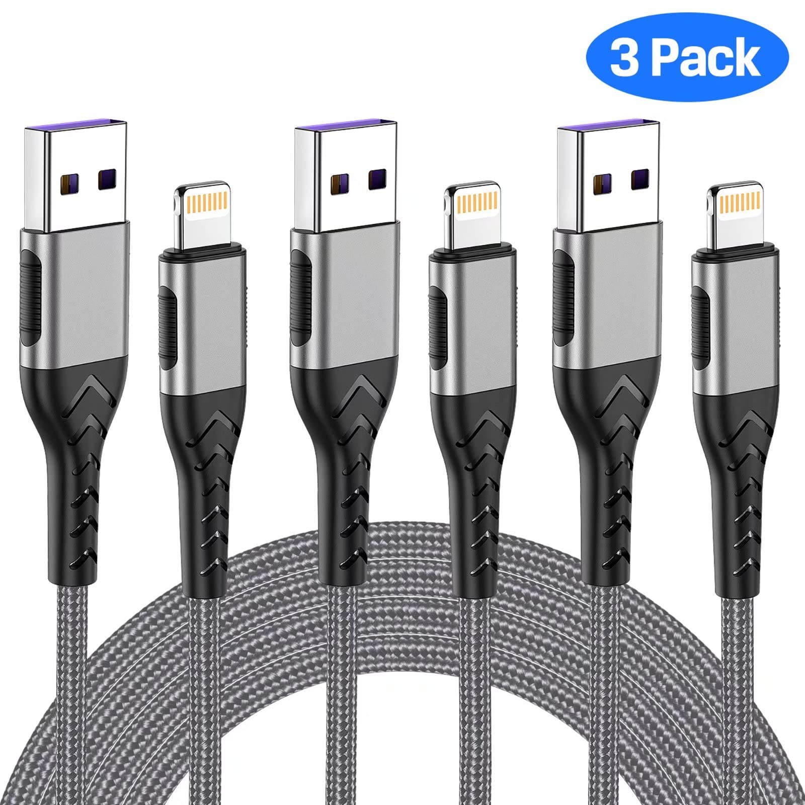 Iphone Charger, [Apple Mfi Certified] 3Pack 6Ft Usb A Cable For Long Charger Cable, Fast Iphone Charging Cord Compatible With With Iphone Xs Max/Xs/Xr/X/8/7/6S/6/Plus/Se/Ipad(Silver)
