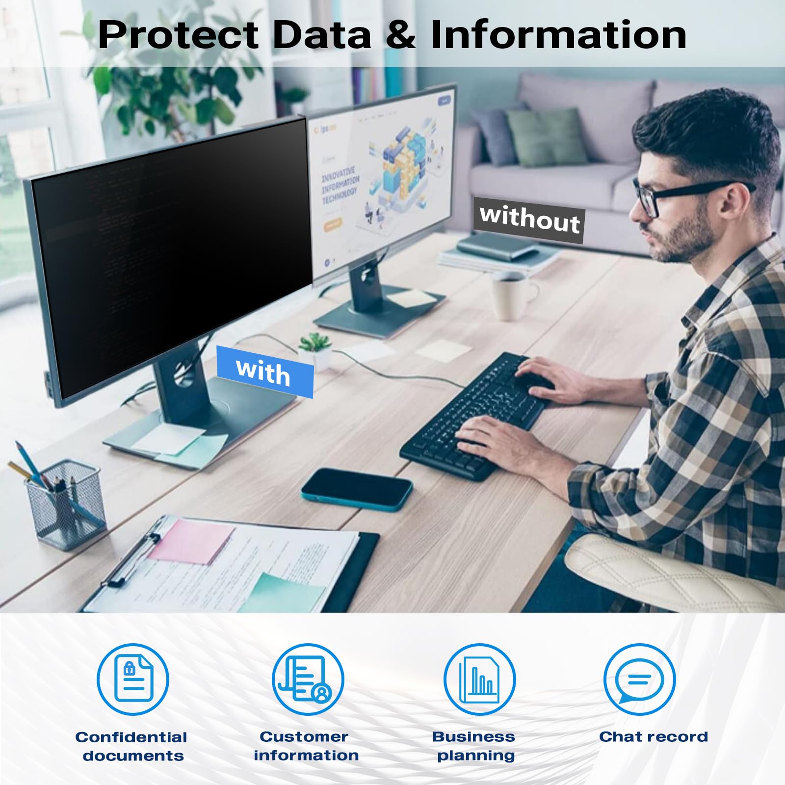 Filmext [2023 Upgrade Computer Privacy Screen Shield For 23 Inch 16:9 Frameless Monitor, Anti Spy Blue Light Filter, Bubble Free