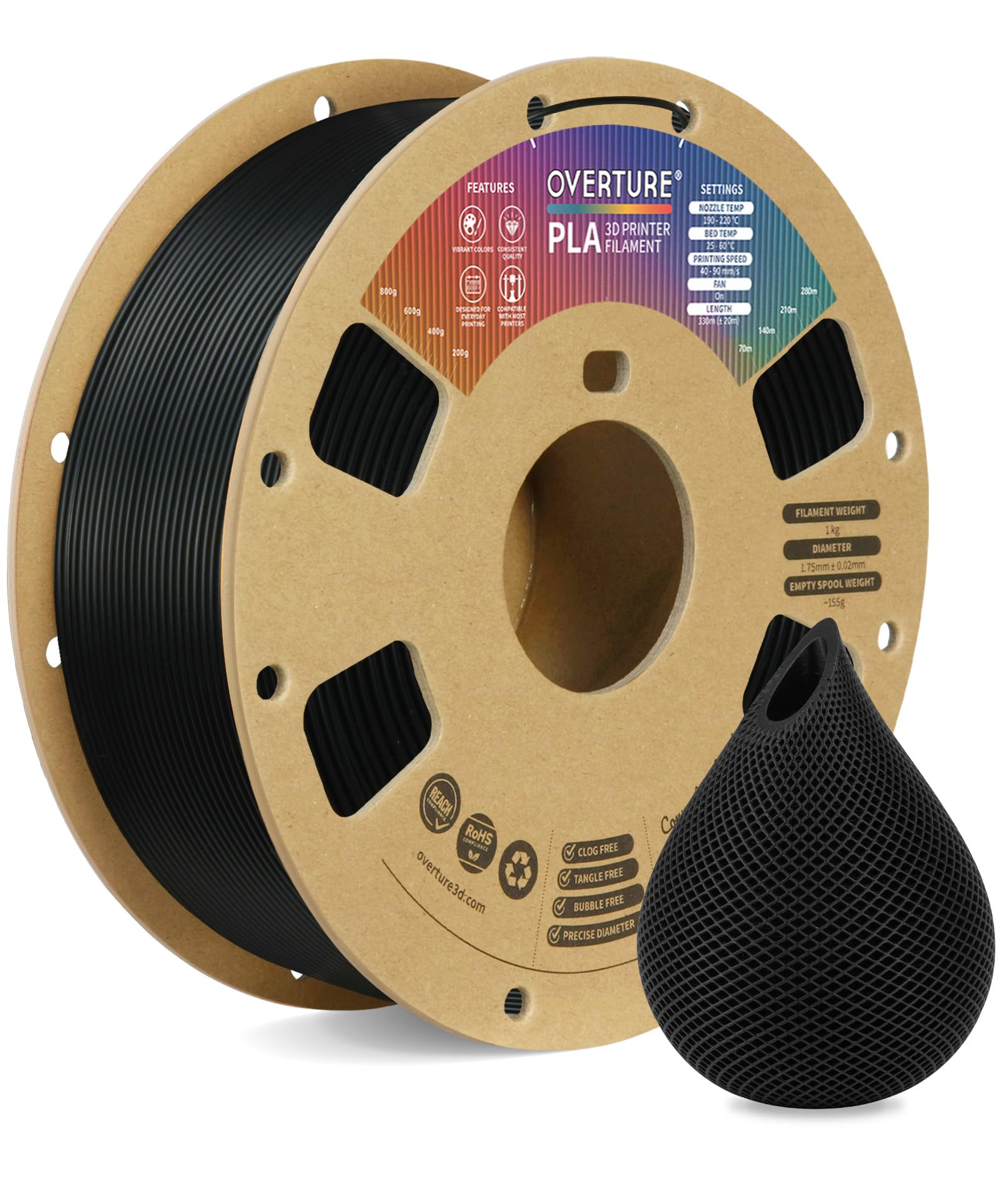 OVERTURE PLA Filament 1.75mm, Neatly Wound 3D Printer Filament 1kg Spool (2.2lbs), Dimensional Accuracy +/- 0.02 mm, Fit Most FD
