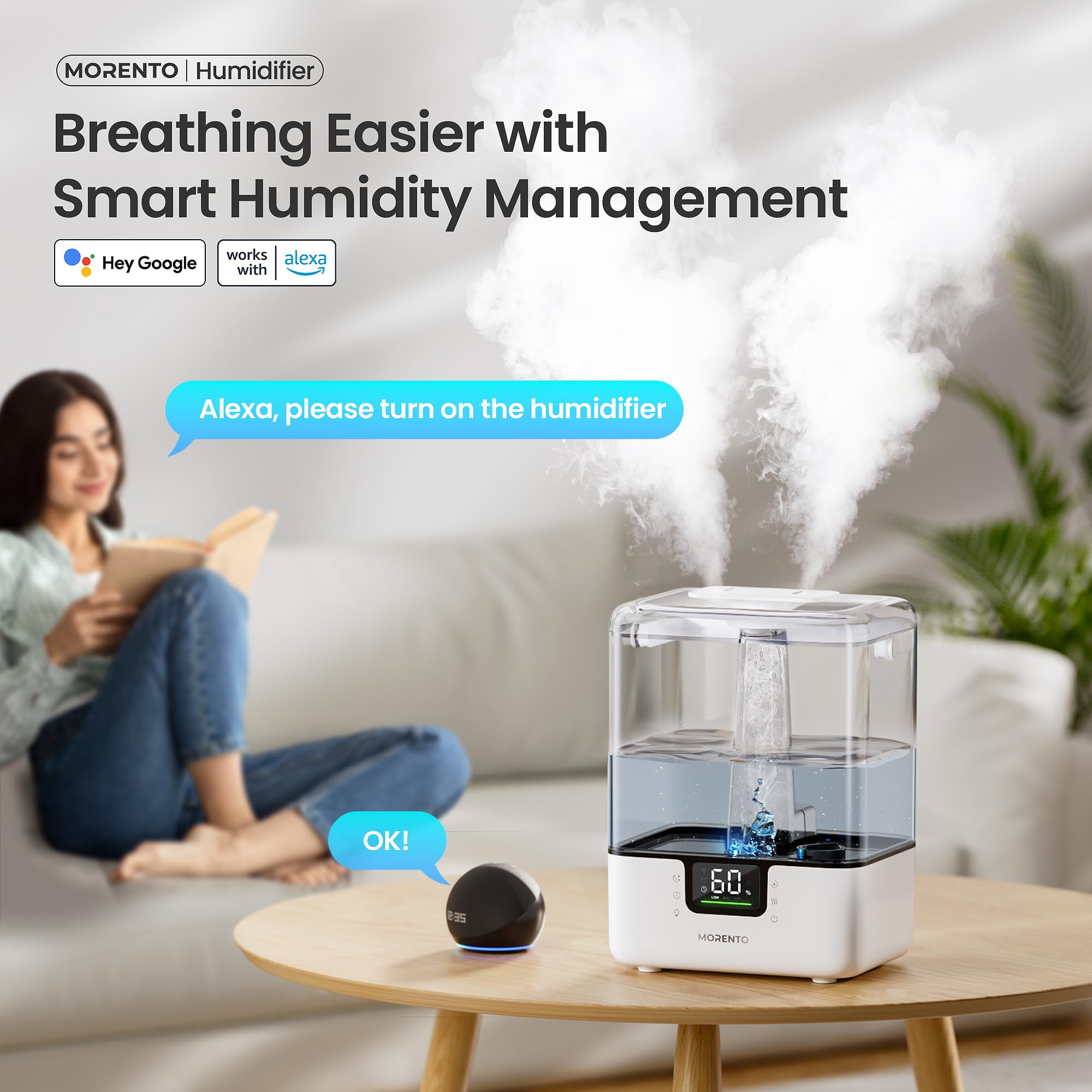 Morento Smart Humidifiers For Bedroom Large Room Home, 6L Cool Mist Top Fill Humidifier With Essential Oil Diffuser, Smart App &