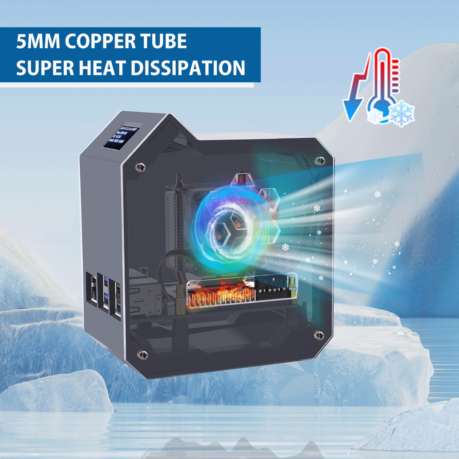 Geeekpi Mini Tower Kit For Raspberry Pi 5, Pi 5 Case With Ice Tower Cooler, 0.96 Oled Module, Gpio 1 To 2 Expansion Board For