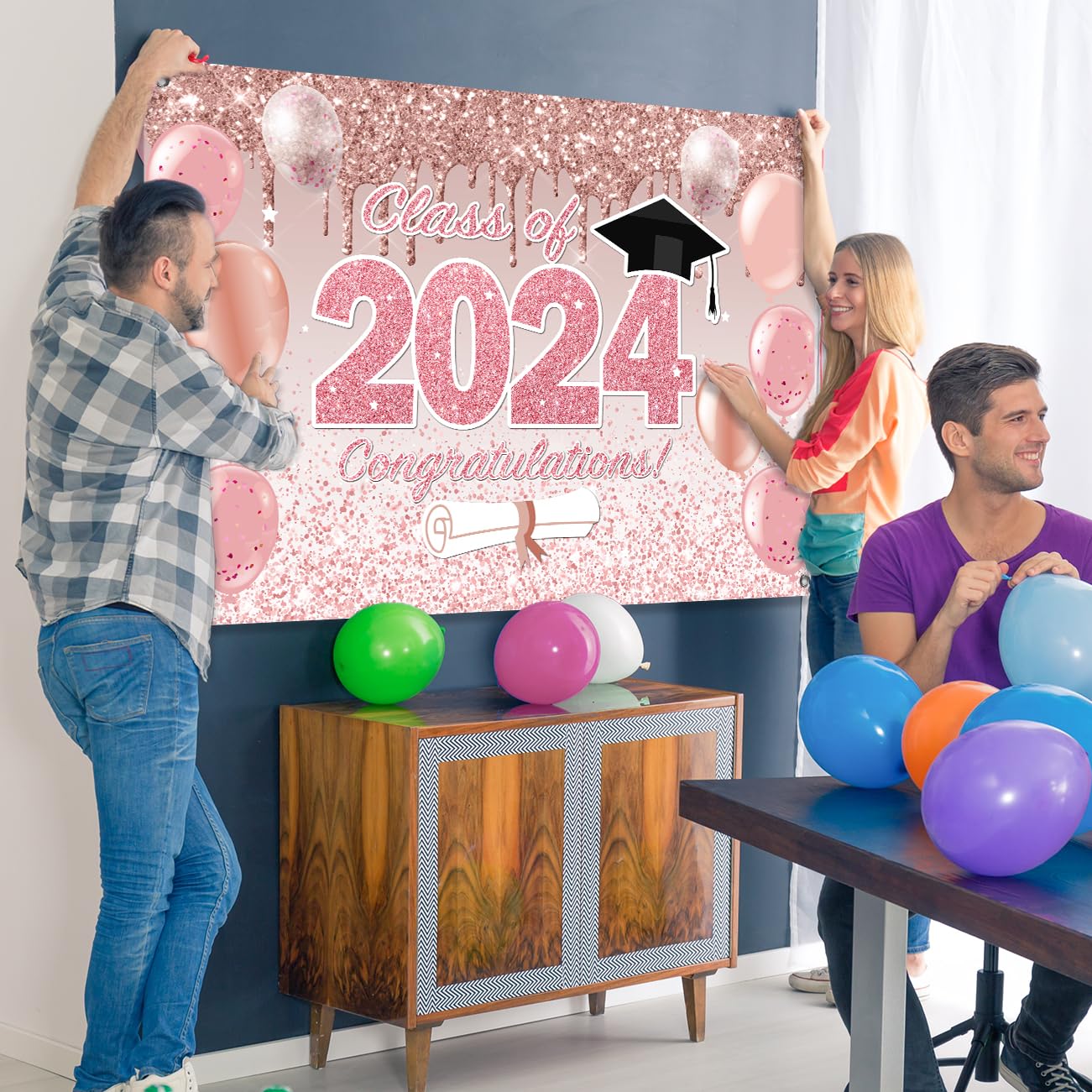Pink Graduation Decorations Class Of 2024, Pink Rose Gold Graduation Backdrop, Class Of 2024 Banner Supplies For Pink Graduation