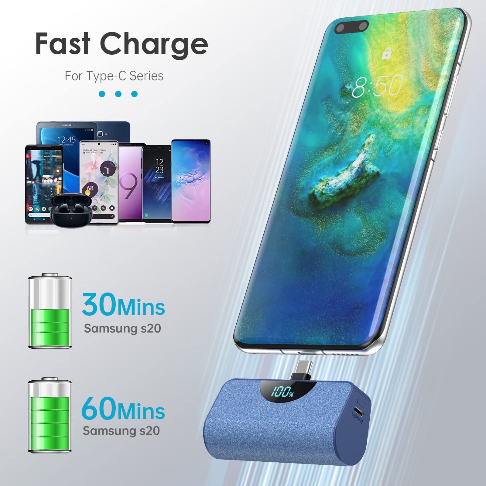 Usb C Portable Charger Power Bank 5200Mah,Ultra Compact Lcd Display Battery Pack Backup Charger Compatible With Iphone 15/15 Plu