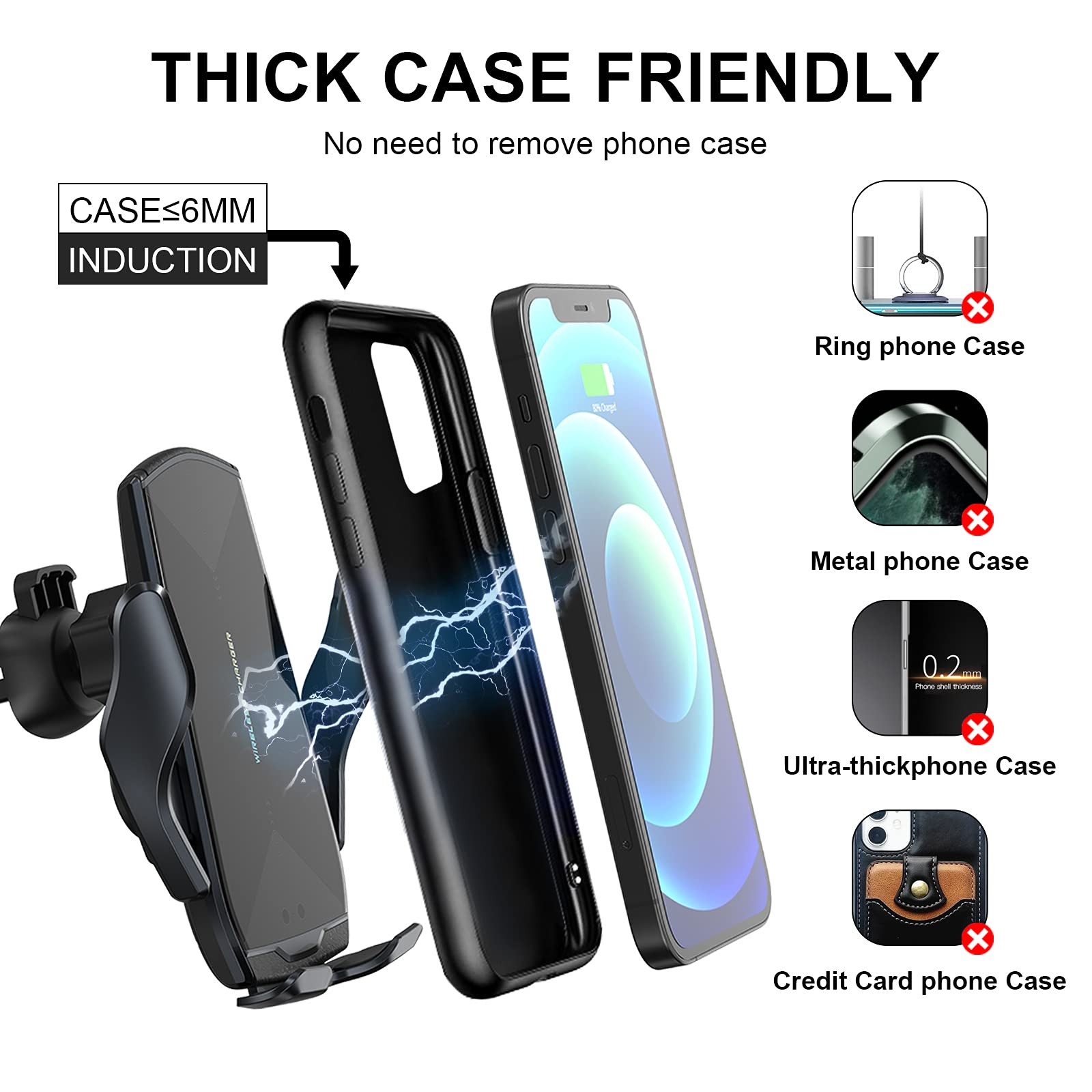 Wireless Car Charger Mount, 15W Qi Fast Charging Auto-Clamping Cell Phone Car Holder Air Vent Windshield Dashboard Long Arm Suct