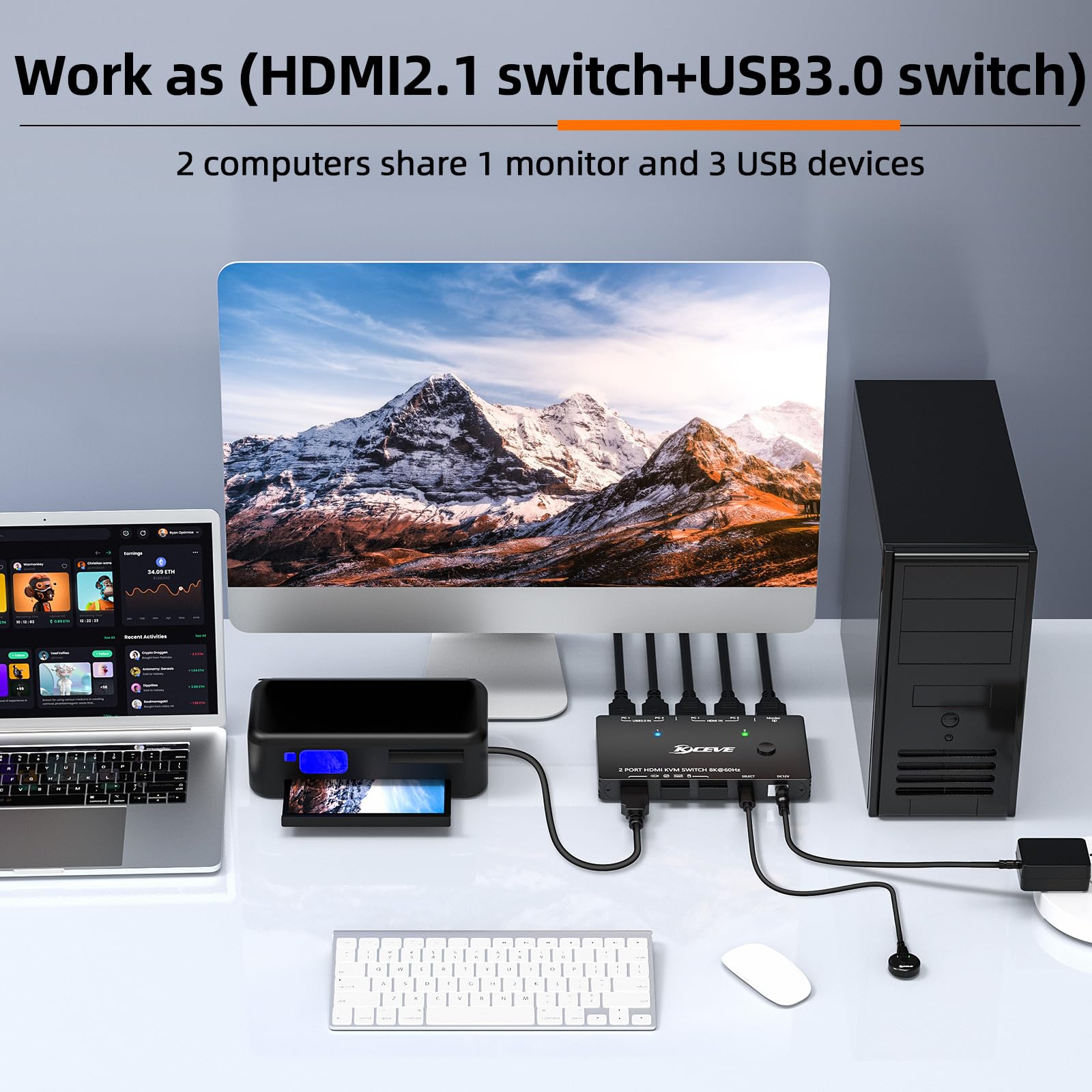 8K Kvm Switch Hdmi 2 Port 8K@60Hz 4K@120Hz,Mleeda Hdmi Kvm Switch For 2 Computers Share 1 Monitor And 3 Usb 3.0 Devices,Hdcp 2.3