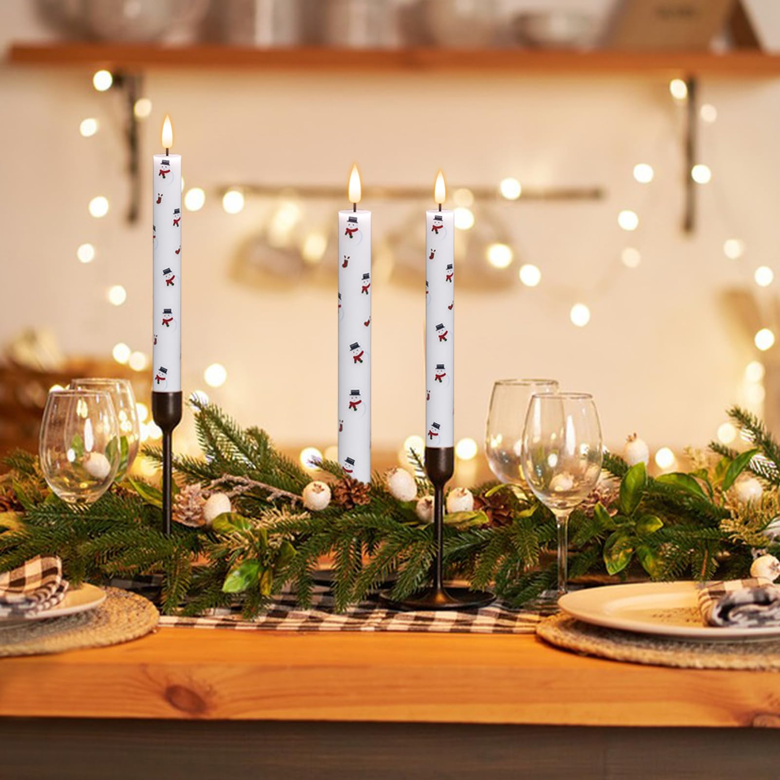 Dromance Snowman Flameless Taper Candles Battery Operated With Remote And Timer, Real Wax 3D Wick Flickering Led Taper Candles D