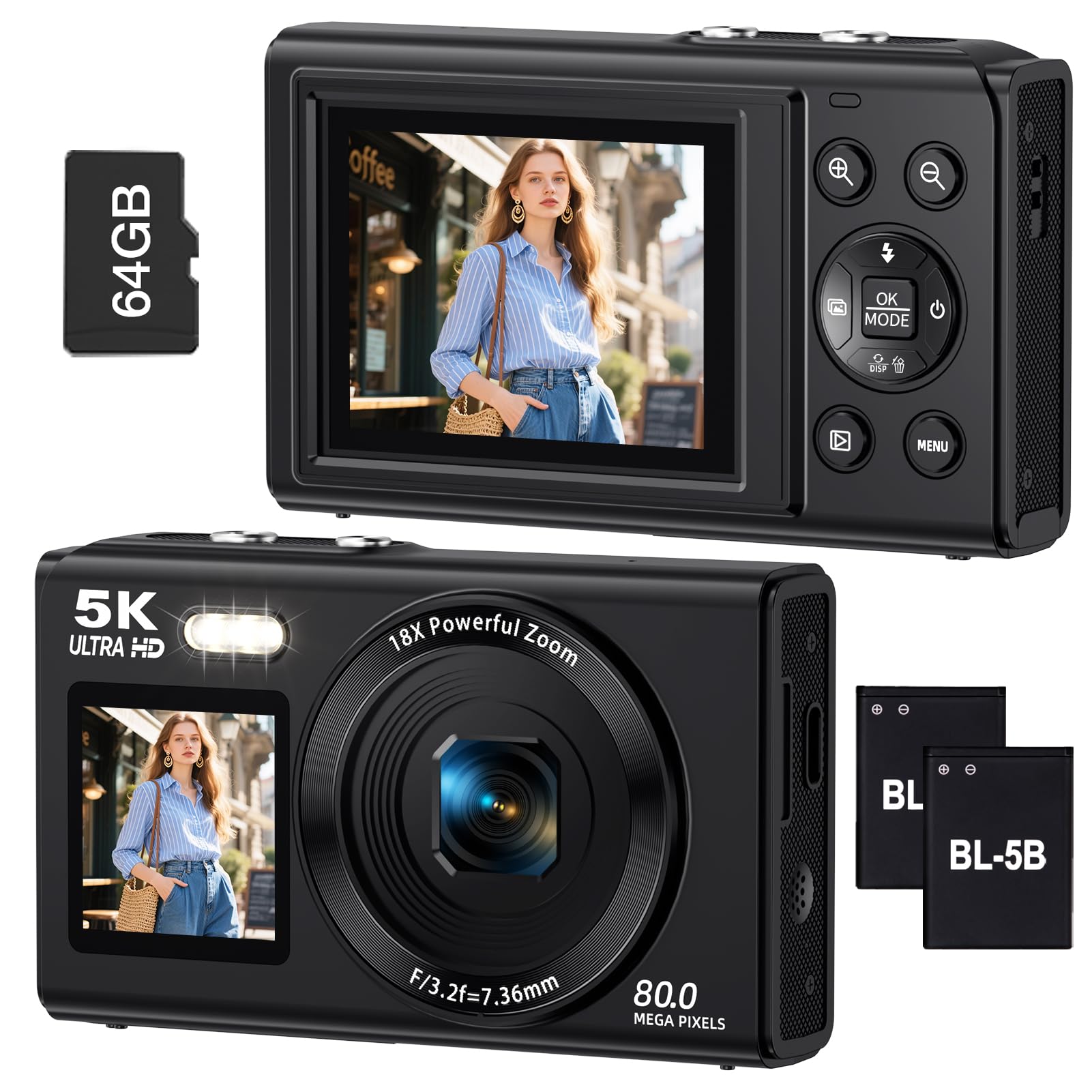 Dual Screen 5K Digital Camera for Vlogging, 80MP WiFi Camera with Front Display, 18X Zoom, Fill Light, Includes 64GB Card & 2 Ba