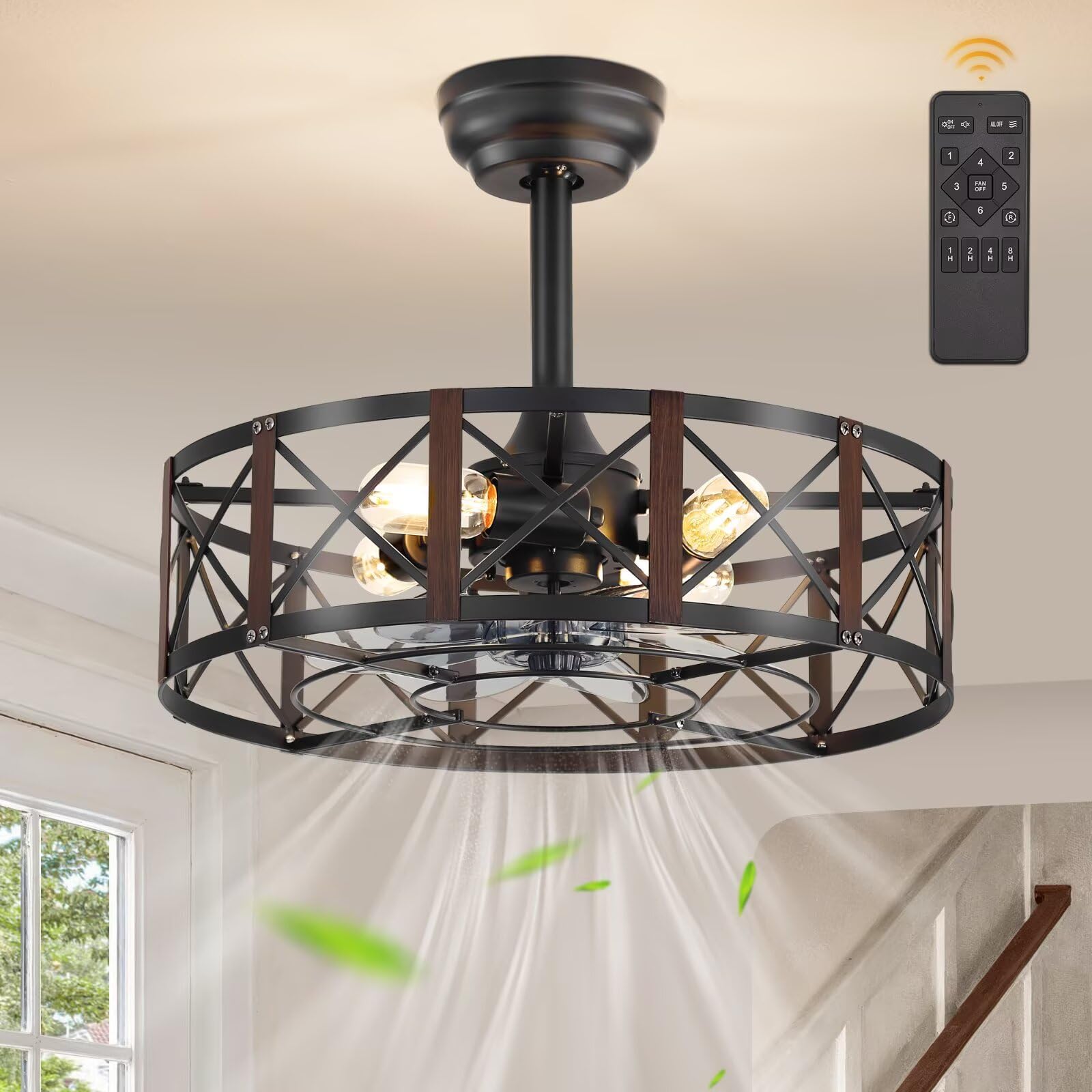 Fanbulous 20 Inch Fandelier Caged Ceiling Fans With Lights And Remote, Black Bladeless Ceiling Fan With 6 Speeds And Timing, Far