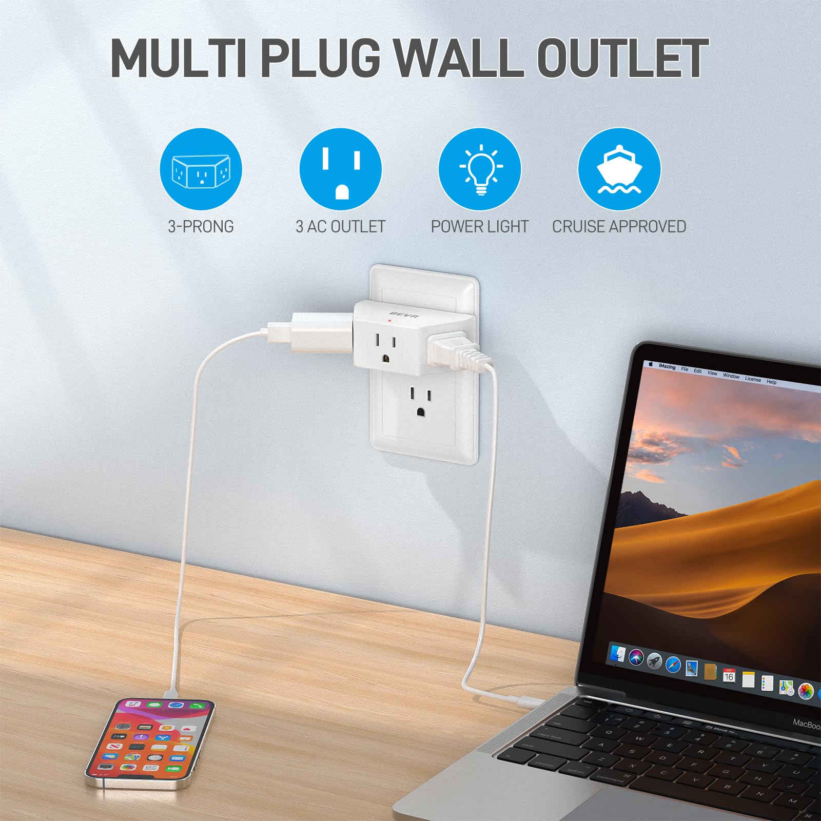 Beva 2 Pack Small Electric Outlet Adapter, Multi Plug Wall Outlet Extender, 3 Prong Adapter 3 Ac Plug Extender For Travel Cruise