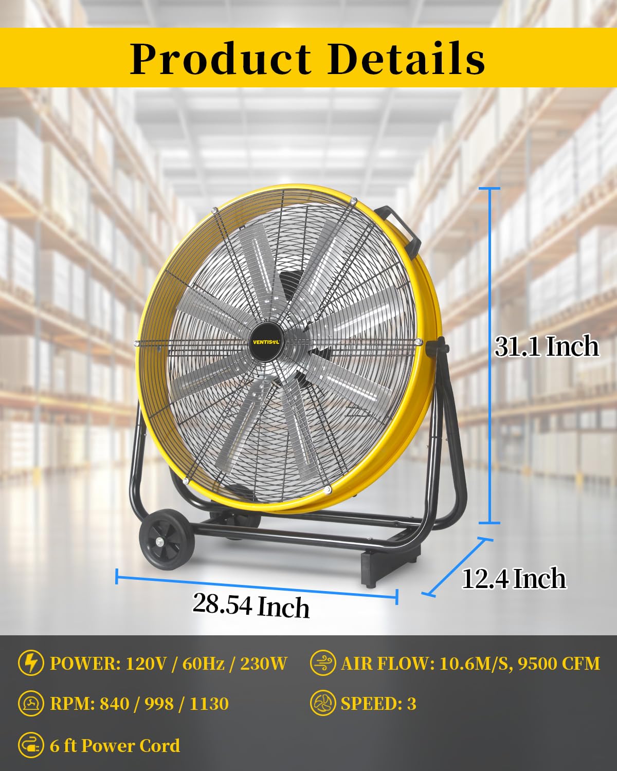 Ventisol 24 Inch Industrial Floor Drum Fan, 9500 Cfm Heavy Duty Floor Fan 3 Speed Air Circulator With Castors, High Velocity Sho