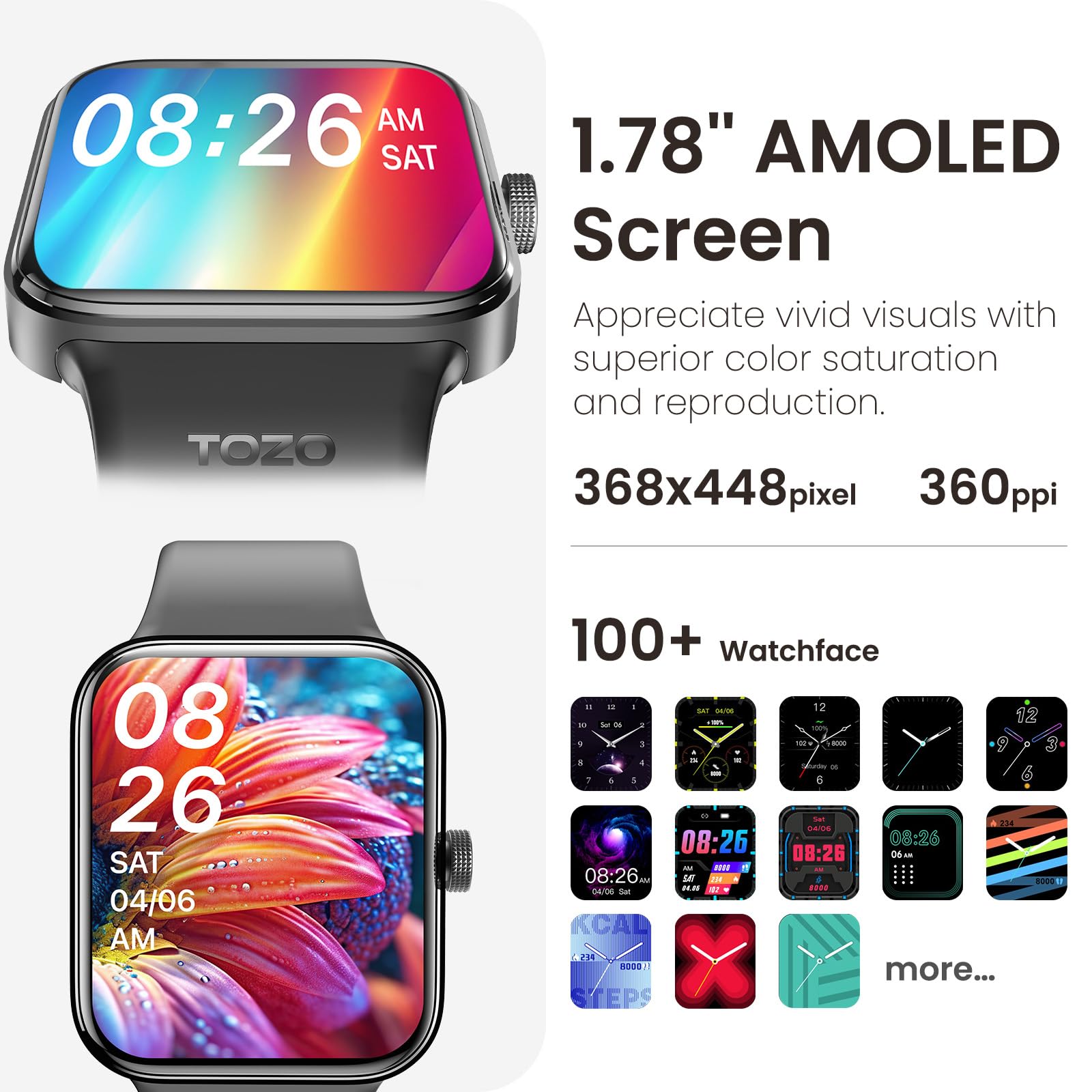Tozo Amoled S4 Acufit One Smart Watch 1.78' Ultra Clear Screen For Men Women, Call/Answer Fitness Tracker, Heart Rate Sleep Blood Oxygen Monitor Ip68 Waterproof For Ios 11.0+ Android 9.0+ Black