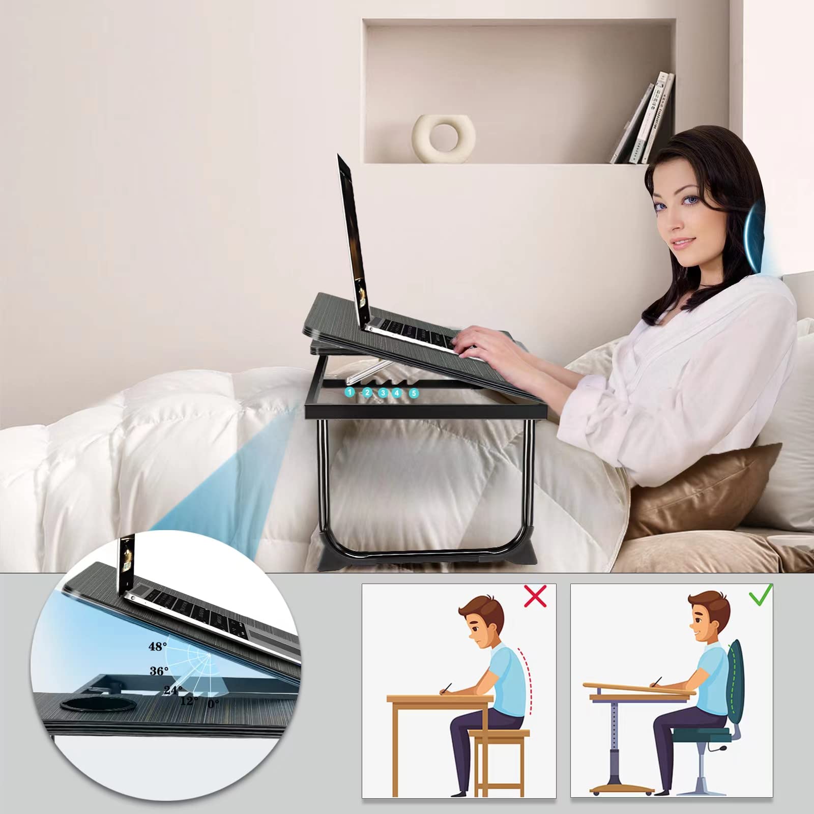 Laptop Desk For Bed Couch, Portable Lap Desk/ Stand For Laptop, Small Adjustable Foldable Bed Table For Laptop And Writing, Bed