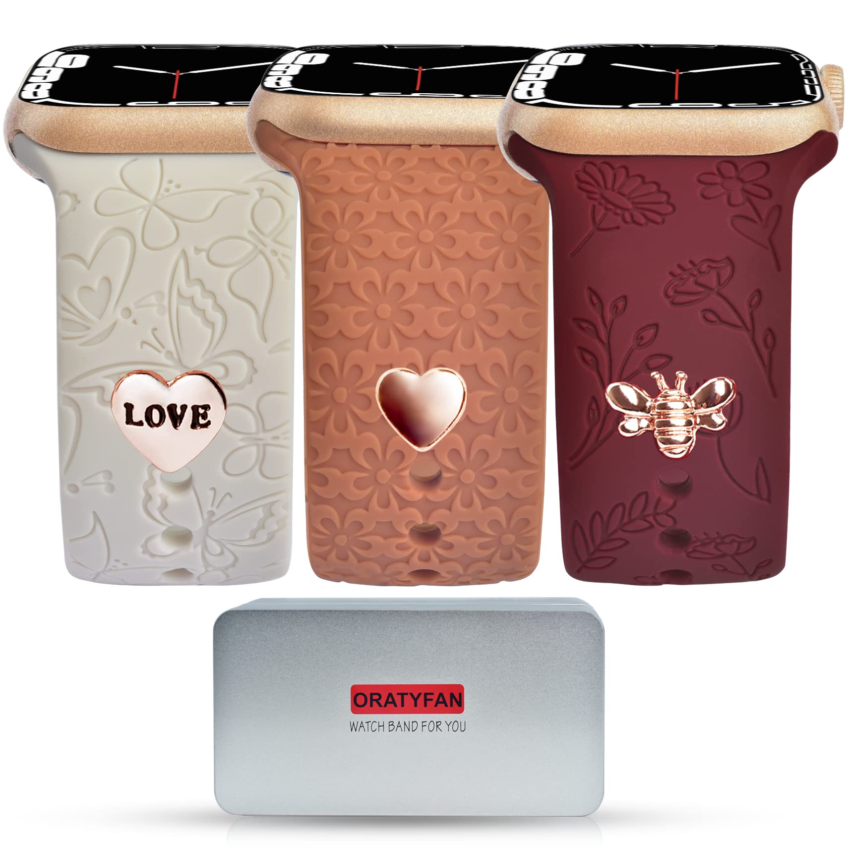 Engraved Bands With Charms Compatible With Apple Watch Bands 38Mm 40Mm 41Mm Women, Oratyfan Soft Sport Silicone Wristbands Flowe