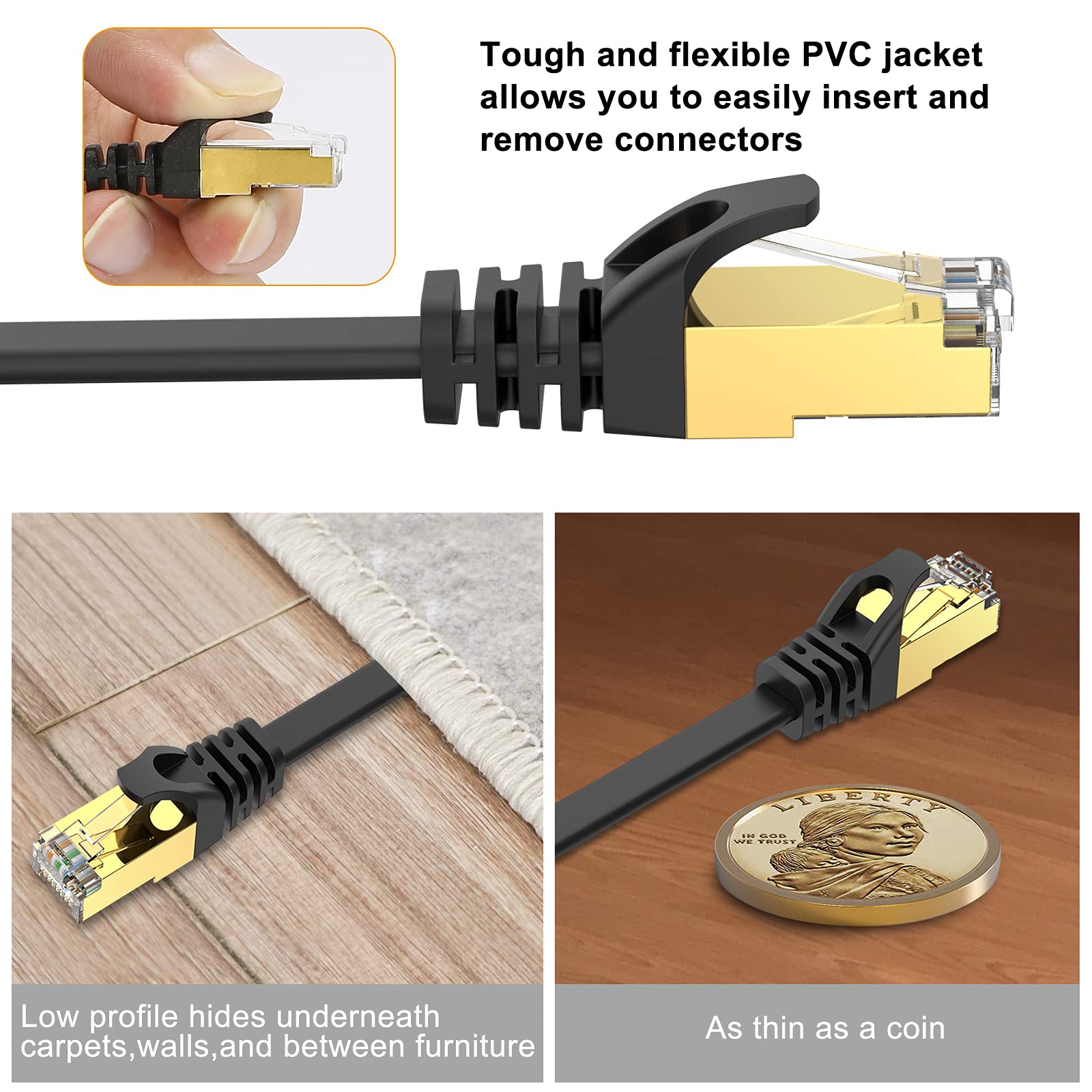 Ercielook Ethernet Cable 6 Ft High Speed, Cat8 Shielded Flat Internet Cable With Clips, Faster Than Cat7 Lan Wire   Black