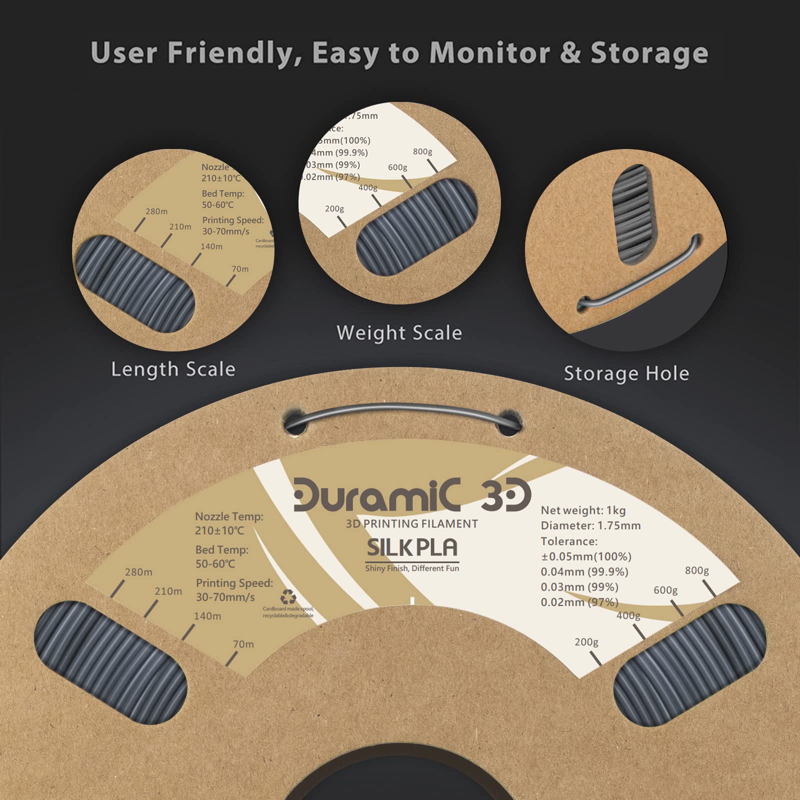 Duramic 3D Shiny Silk Pla Filament 1.75Mm Shiny Metallic Pla Filament Dimensional Accuracy +/- 0.05 Mm Silver