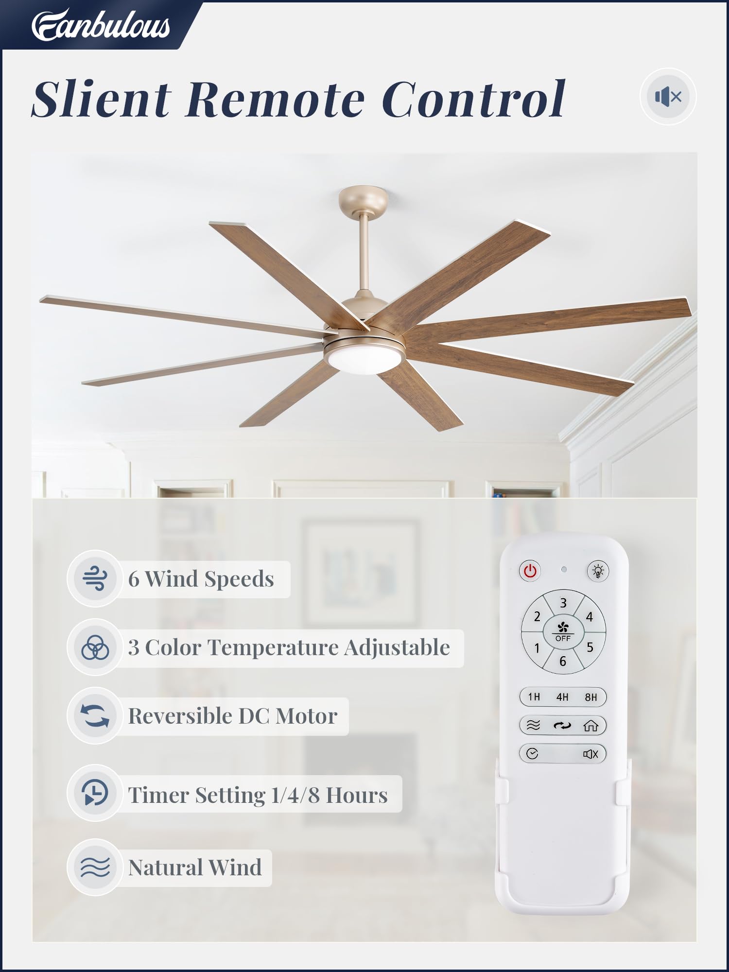 Fanbulous Ceiling Fans With Lights, 72 Inch Large Ceiling Fan With Light And Remote, Champaign Gold Ceiling Fan For Living Room