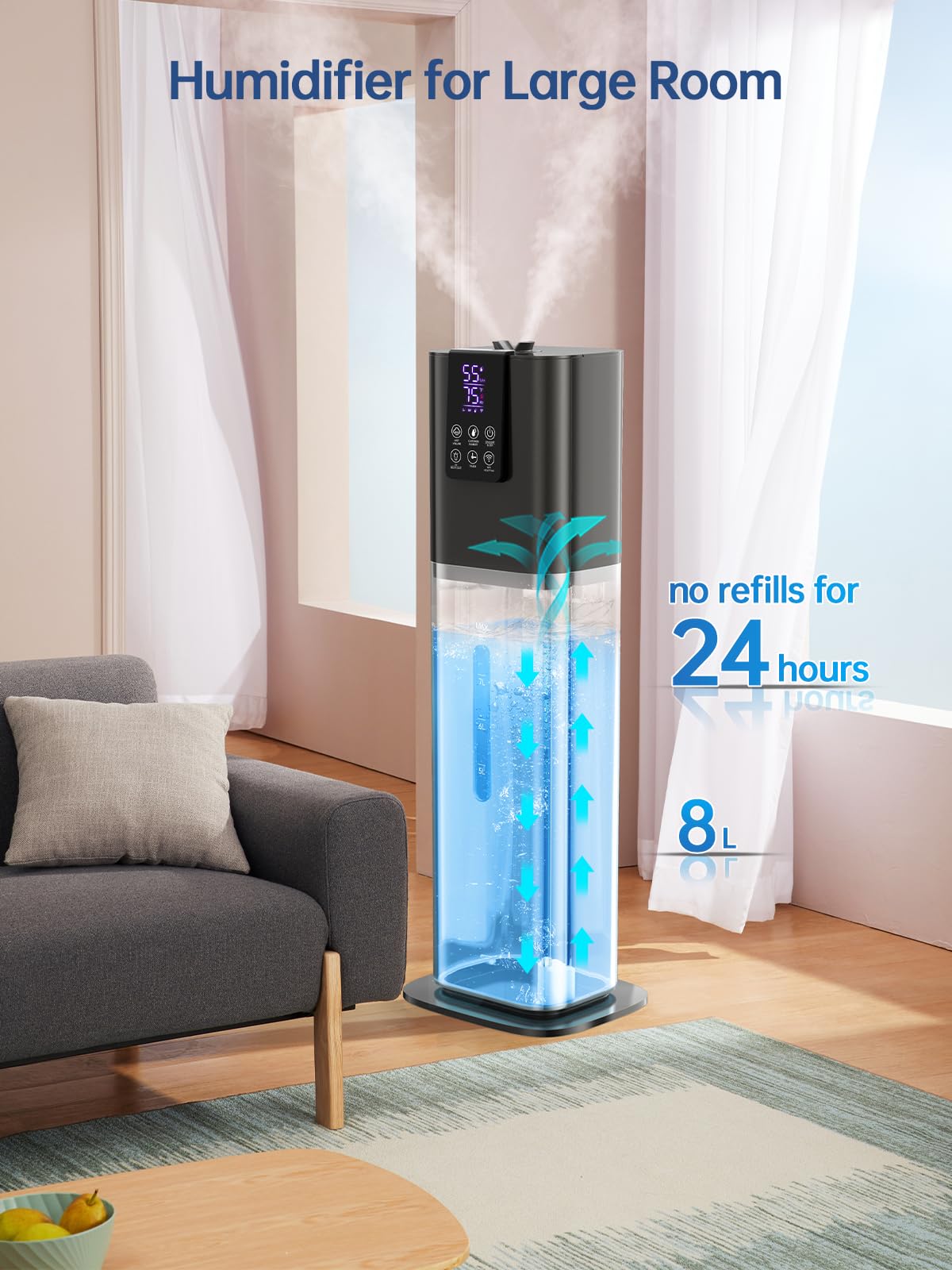 8L Smart Humidifier For Large Room Bedroom, Cover Up To 505Ft, Easy Top Fill, Remote & App Control, Aroma Box, Rgb Light, Last 4
