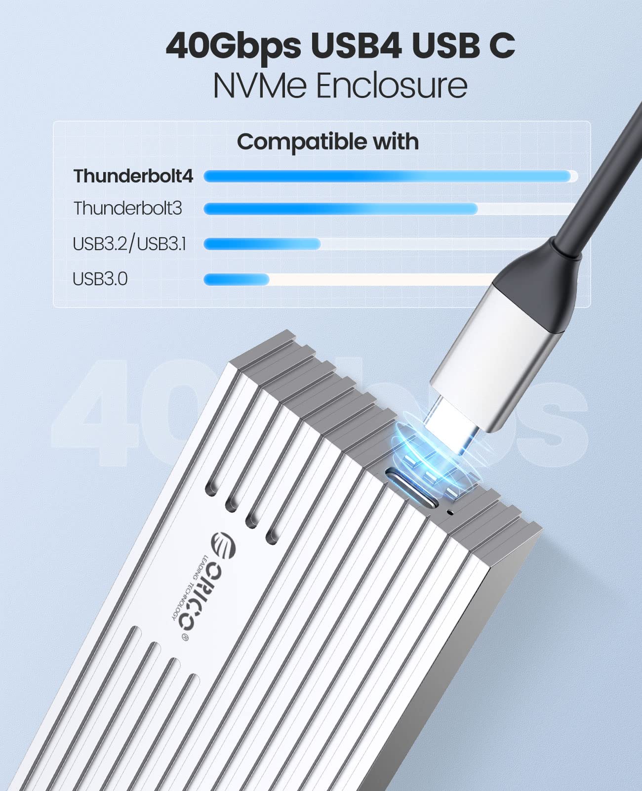 ORICO 40Gbps NVMe SSD Enclosure, M.2 to USB C Adapter for NVMe M Key 4TB SSD 2280, Aluminum M2 External SSD Case, Compatible with Thunderbolt 3/4 USB3.2/3.1/3.0/Type M234 Silver