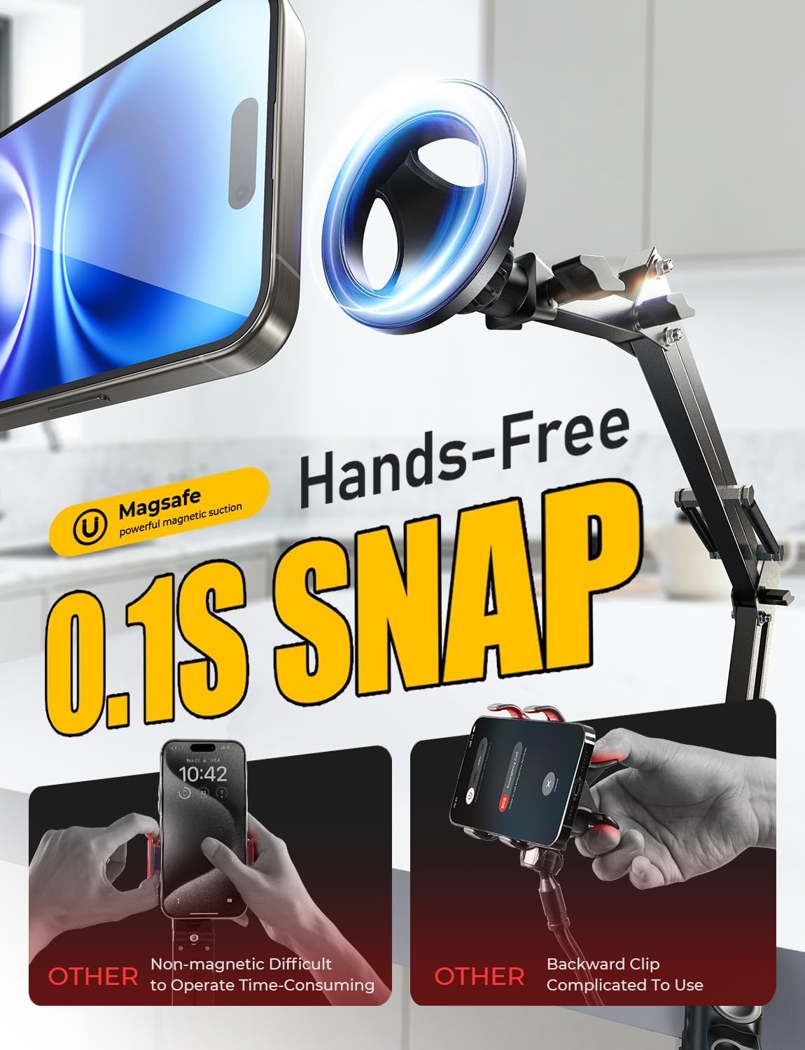 Lisen Gooseneck Phone Holder For Bed - Magsafe Stand For Iphone 16 15, Desk, Magnetic Adjustable Mount - Overhead Accessories Fo