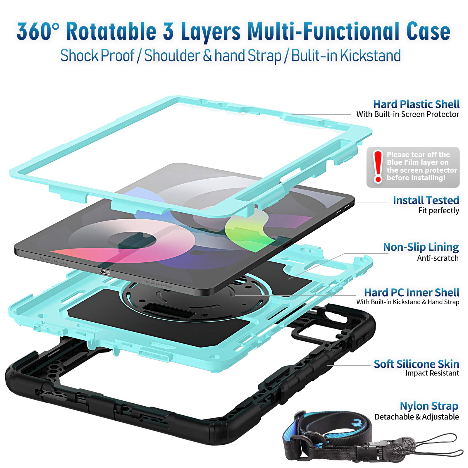 Timecity Ipad Air 4/5 Case 10.9 Inch 2020/2022 Ipad Air 4Th/5Th Generation Case With Screen Protector/Swivel Kickstand/Hand Stra