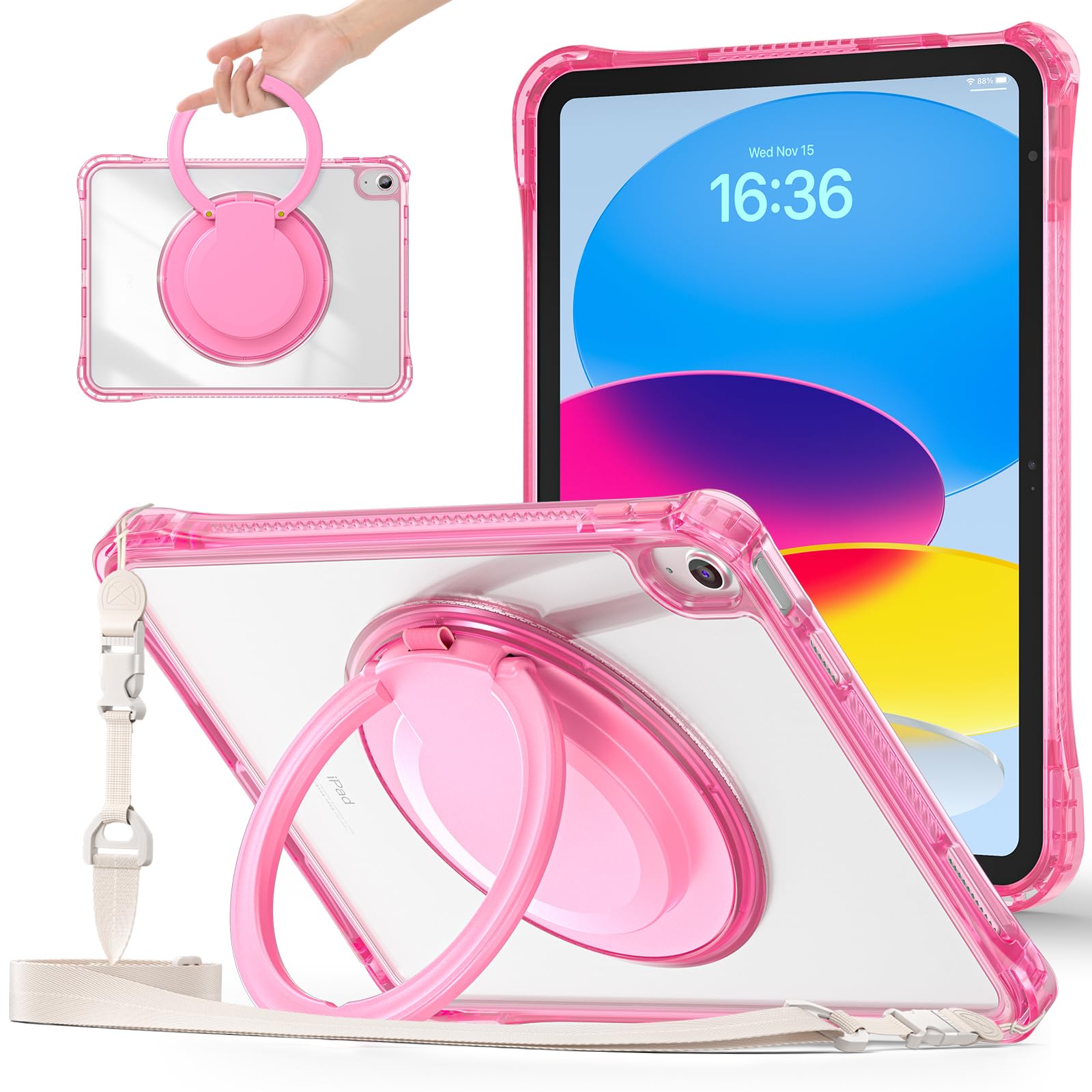 for iPad A16 Case iPad 11th/ 10th Generation Case with 360 Rotating Kickstand Handle, Shoulder Strap, Pencil Holder, 2 in 1 Prot