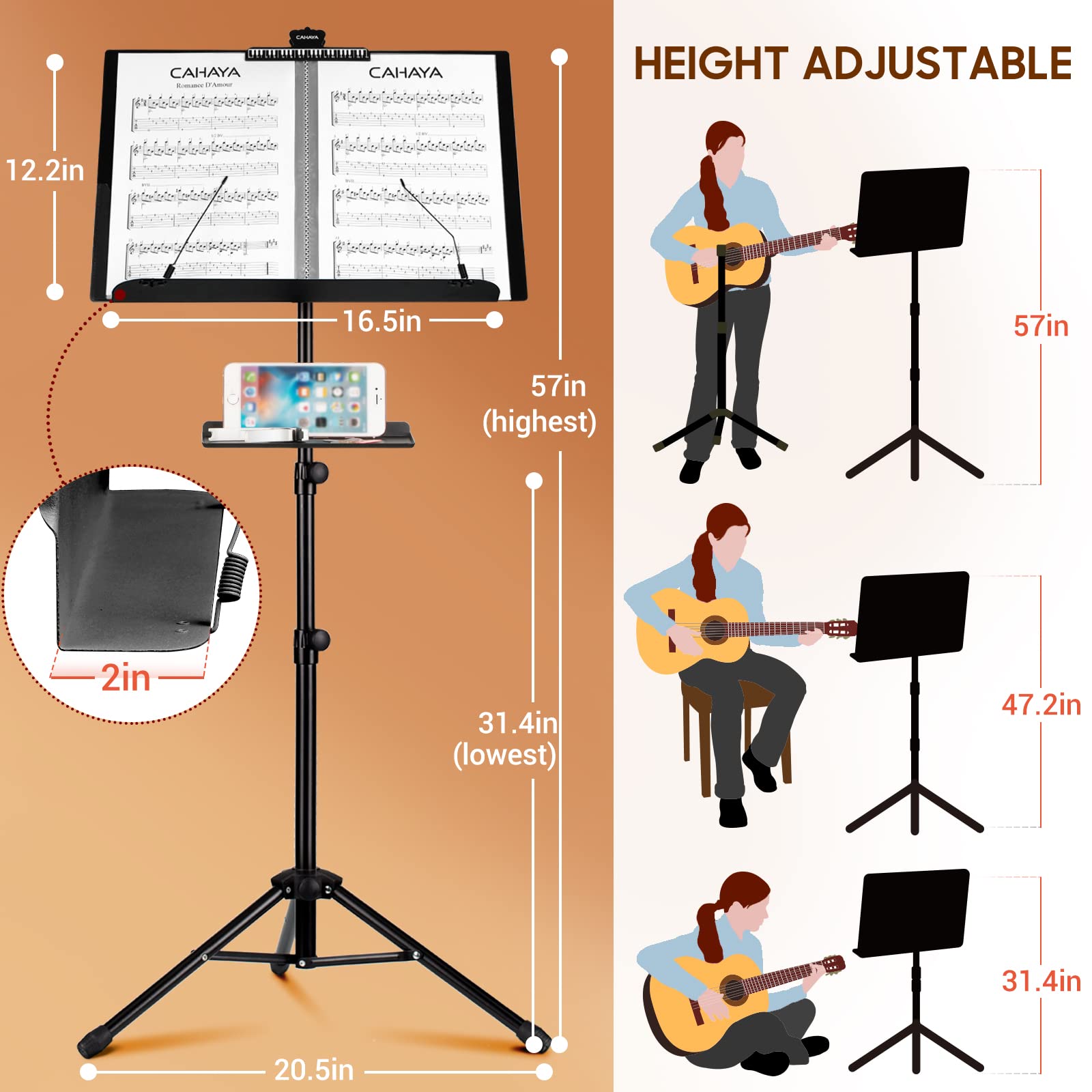 Cahaya Dual Use Sheet Music Stand With Clamp On Tray & Desktop Book Stand With Carrying Bag, Sheet Music Folder, Music Stand Wit