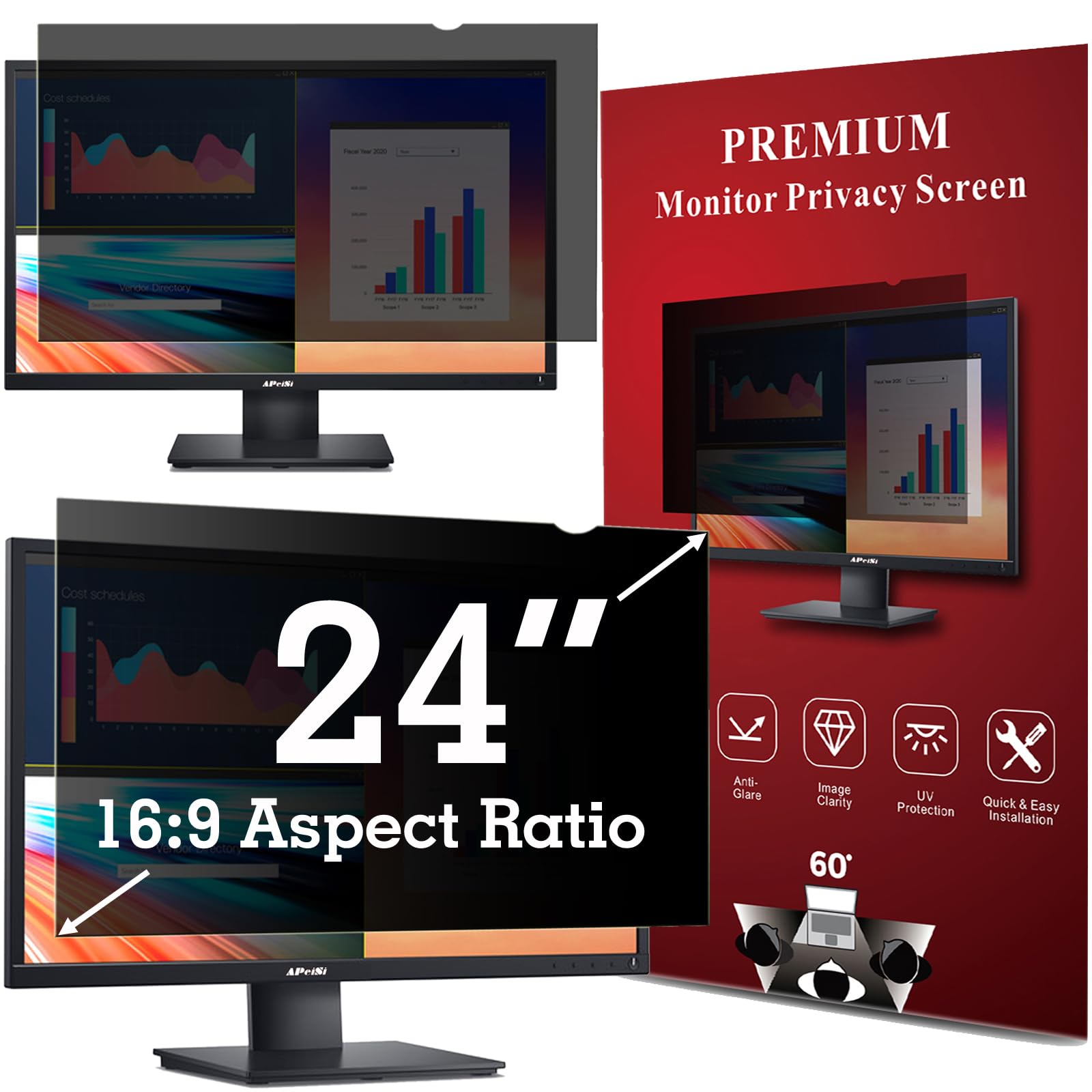 Apeisi 24 Inch Privacy Screen Filter For Computer Widescreen 16:9 Monitor   Privacy Shield,Anti Glare And Anti Blue Light Screen