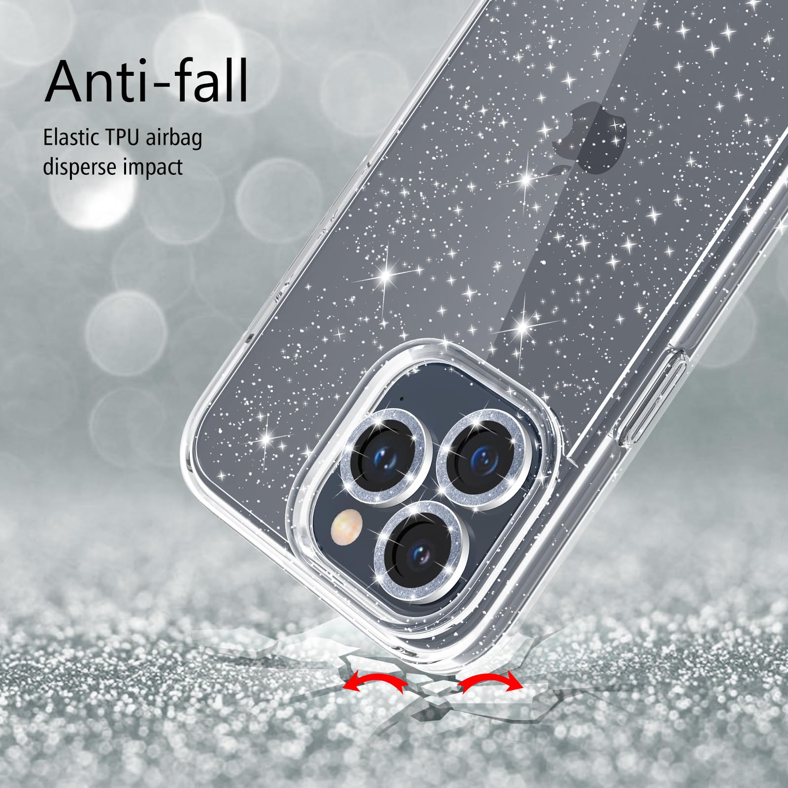 Jasmeas Design For Iphone 15 Pro Case Clear Glitter, With [2 Pack] Screen Protector & [3 Pack] Camera Lens Protector Sparkle Pc