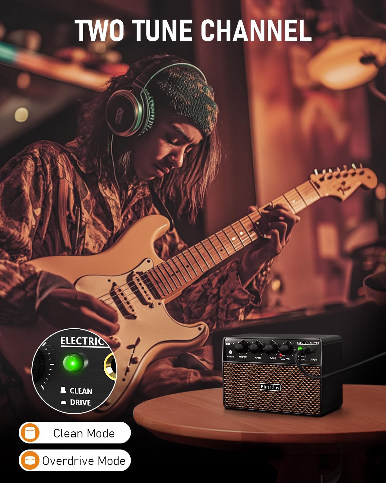 Flatsons Fba-10 Guitar Amp, 10W Mini Electric Guitar Amplifier With Clean/Drive Channel, 6H Working, Usb-C Rechargeable, 3.5Mm H