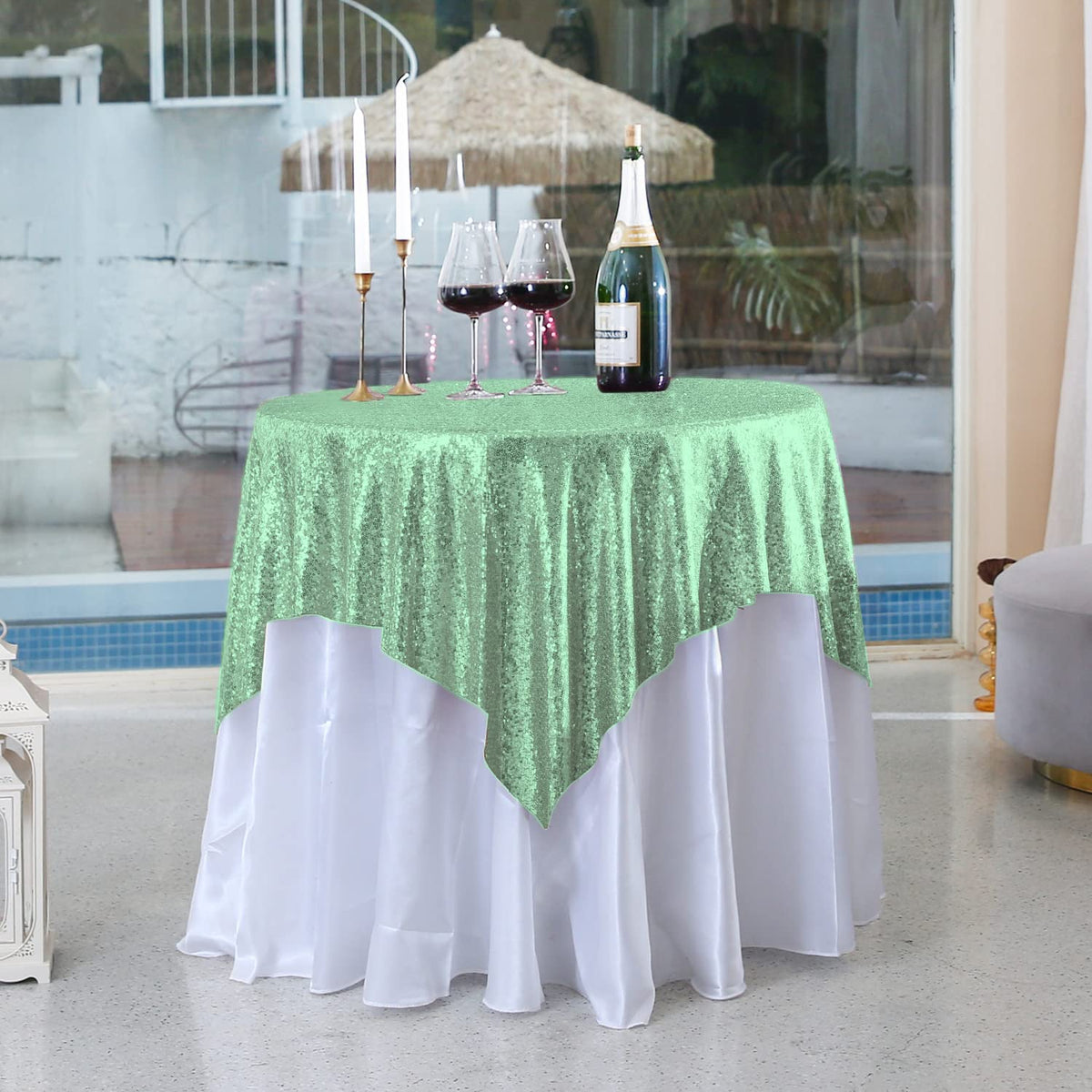 Fyledaee Sequin Tablecloth Square Mint Green 50X50 Inch Glittering Shimmer Tablecloth For Wedding Baby Shower Birthday Party Din