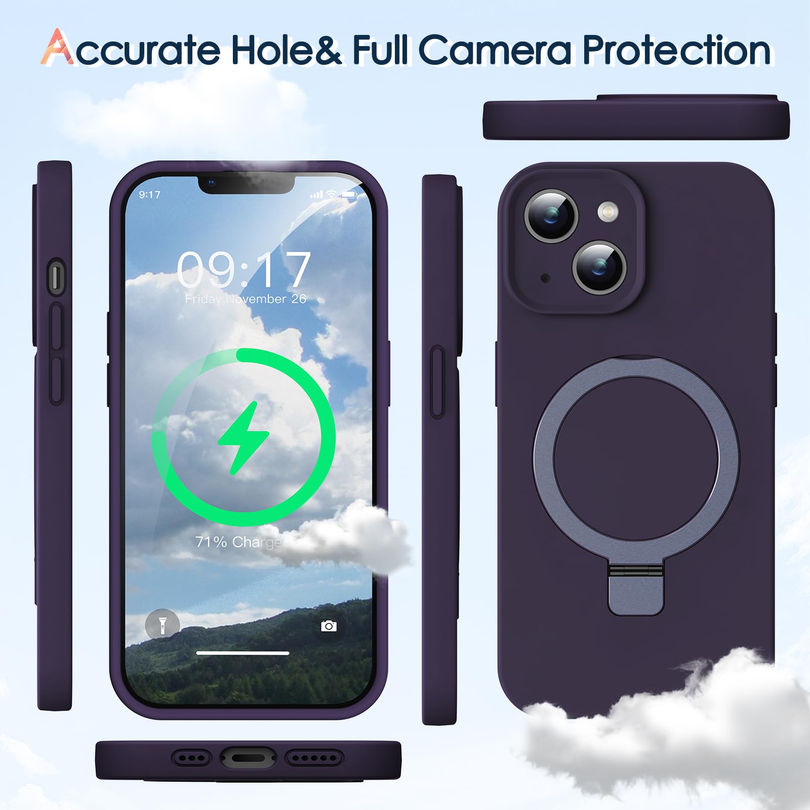 Kmambag Mag Ring Designed For Iphone 13 Case, Liquid Silicone [Moisturizing Factor] Extreme Soft Slim Phone Case With Stand [Com