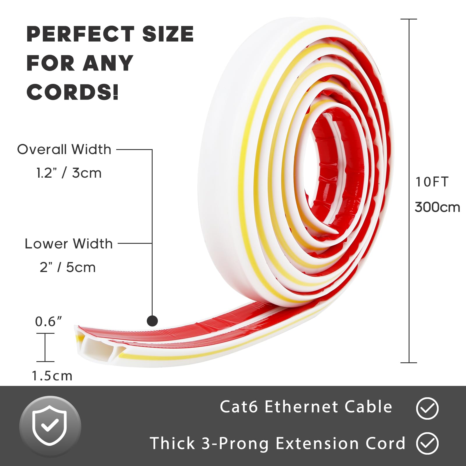 10Ft White Floor Cord Cover, Self 2'' (W) X 0.6''(H), 3 Cord Channels, Adhesive Power Cable Protector, Silicone Cord Protector,