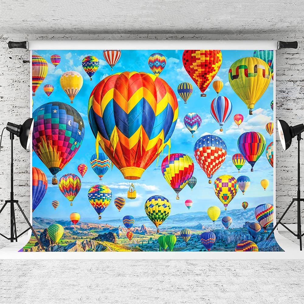 Emdspr 7X5Ft Hot Air Balloon Backdrop Colorful Rainbow Sky White Clouds Photography Background Mountains Natural Landscape Space